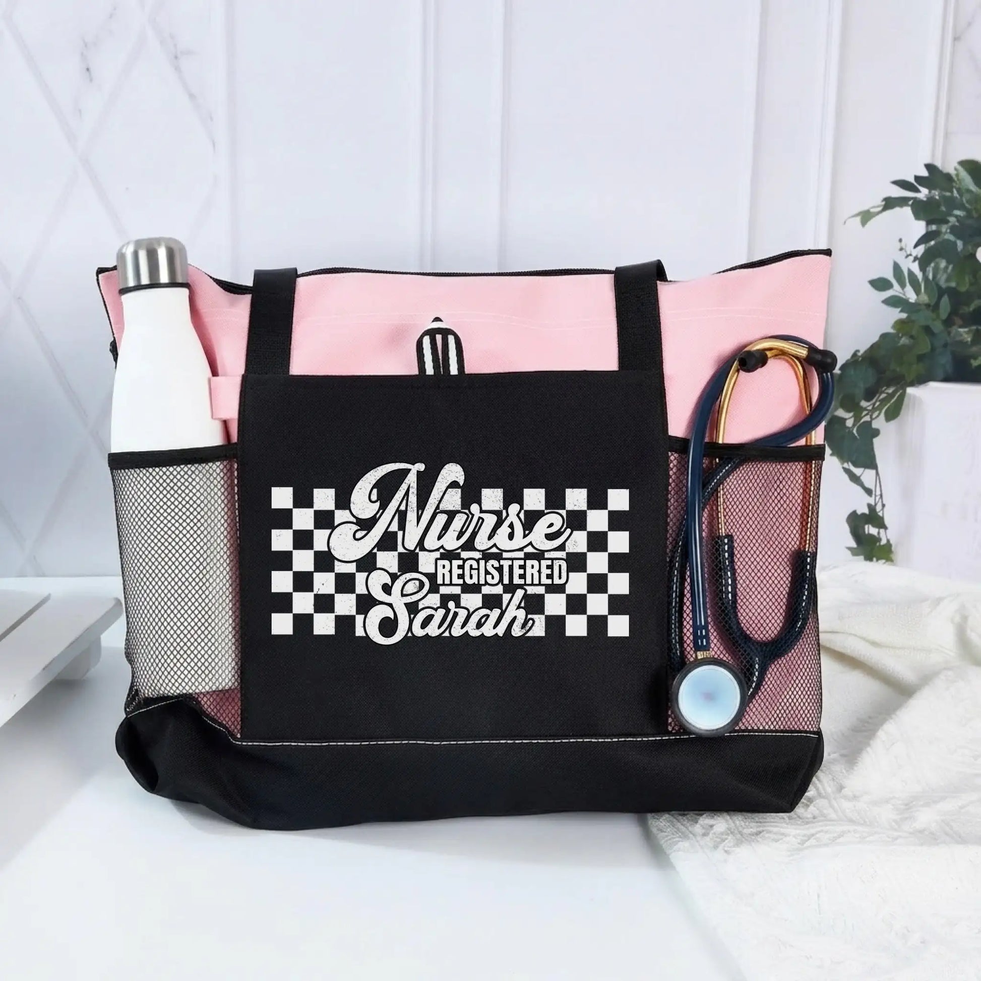 Nursehype Personalized Checkered Registered Nurse Tote Bag