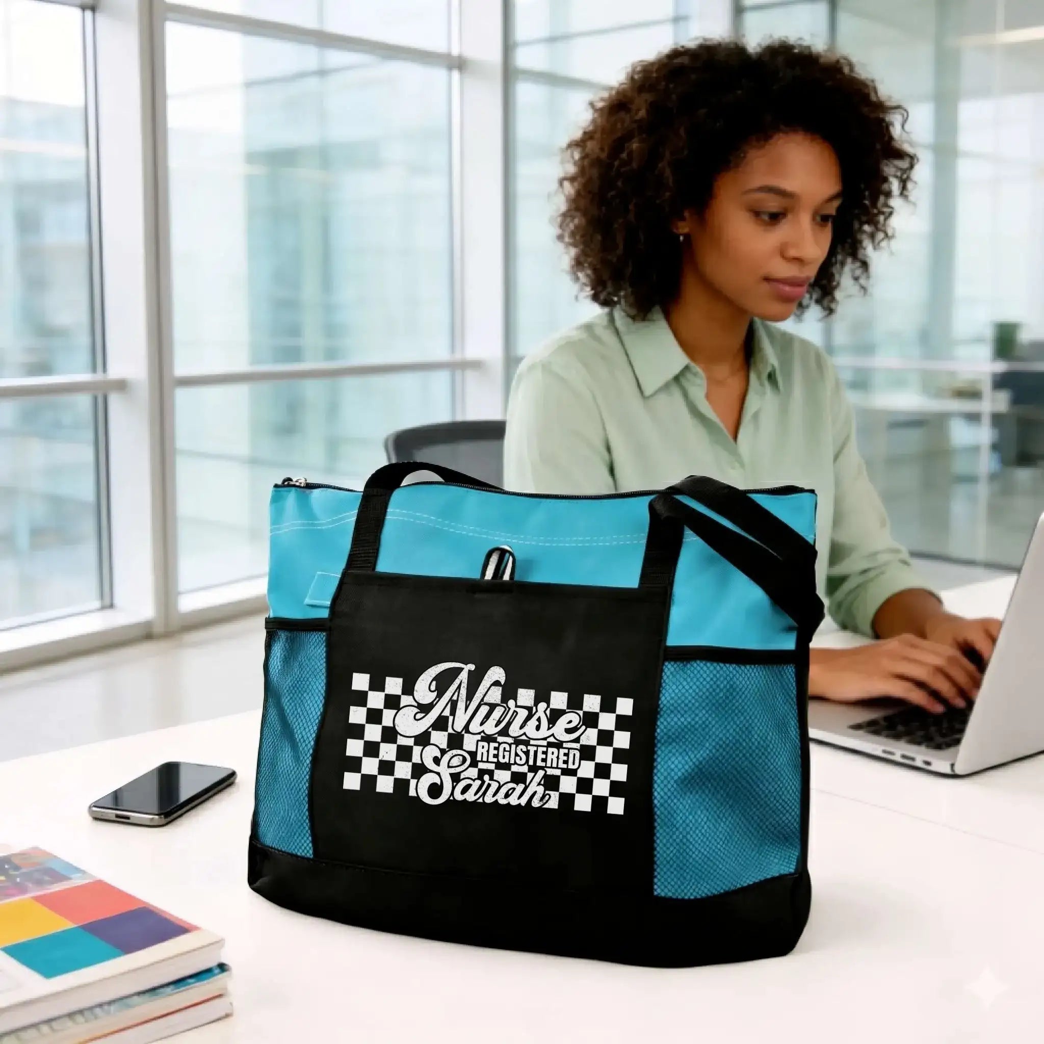 Nursehype Personalized Checkered Registered Nurse Tote Bag