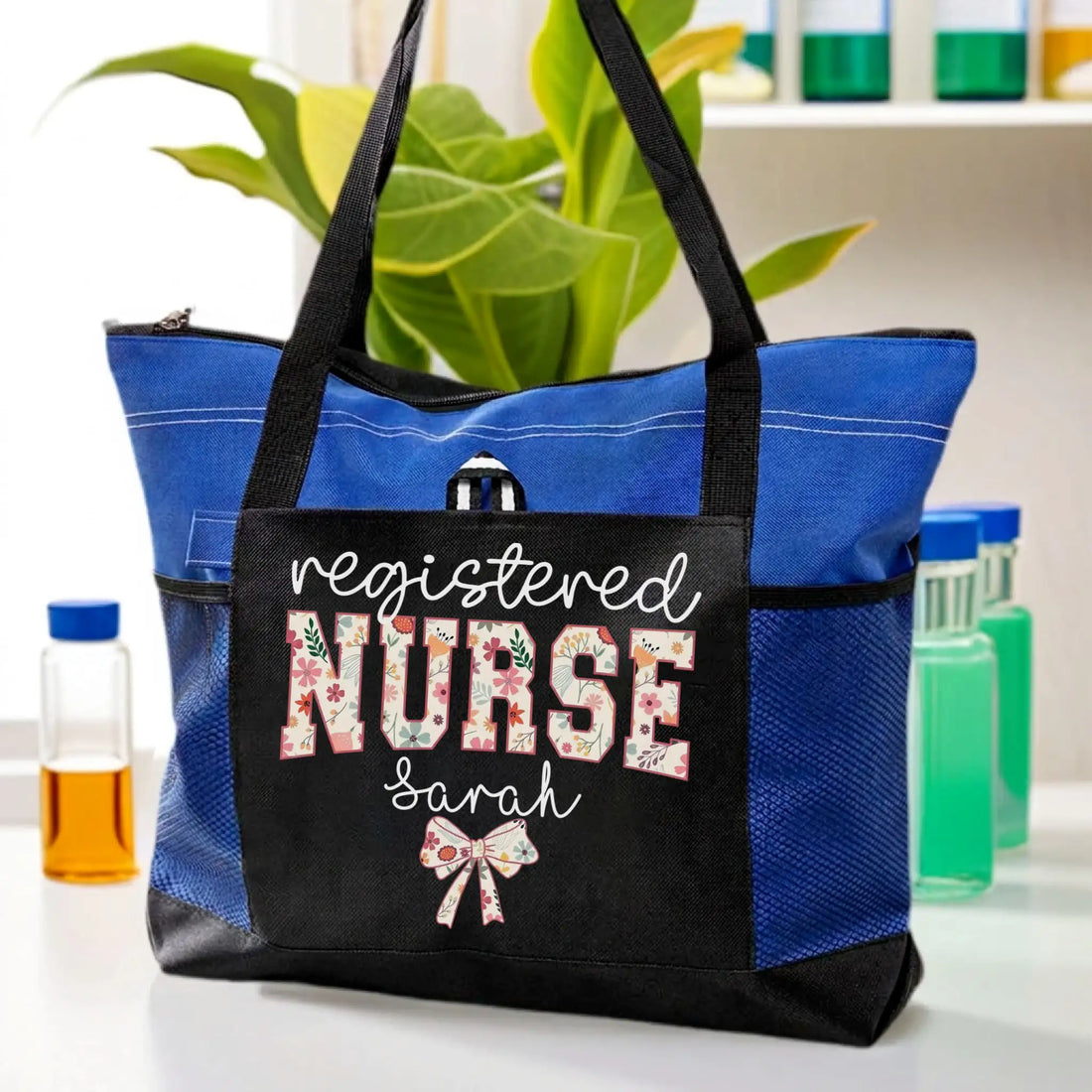 Nursehype Personalized Floral Bow Registered Nurse Tote Bag