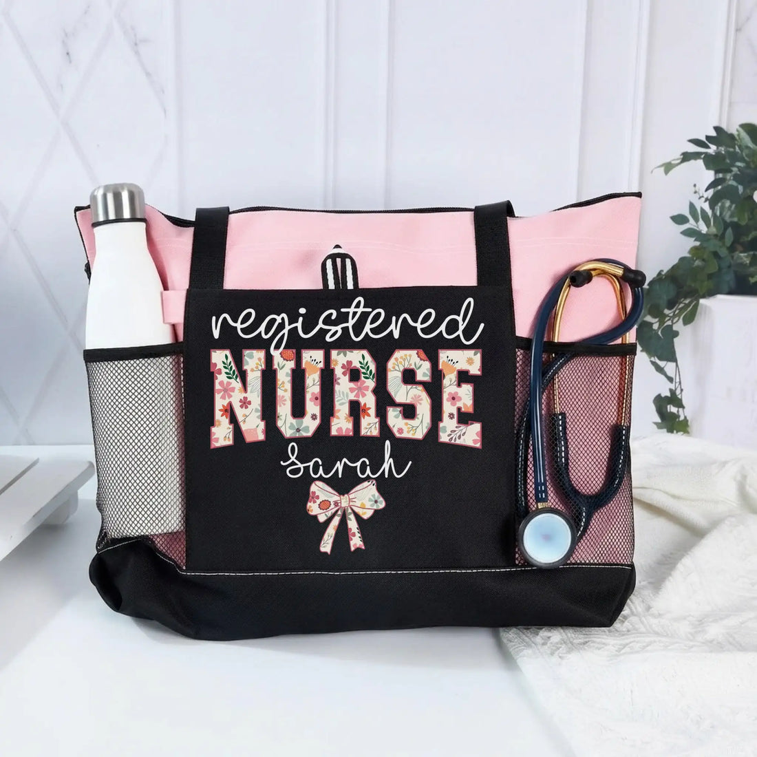 Nursehype Personalized Floral Bow Registered Nurse Tote Bag
