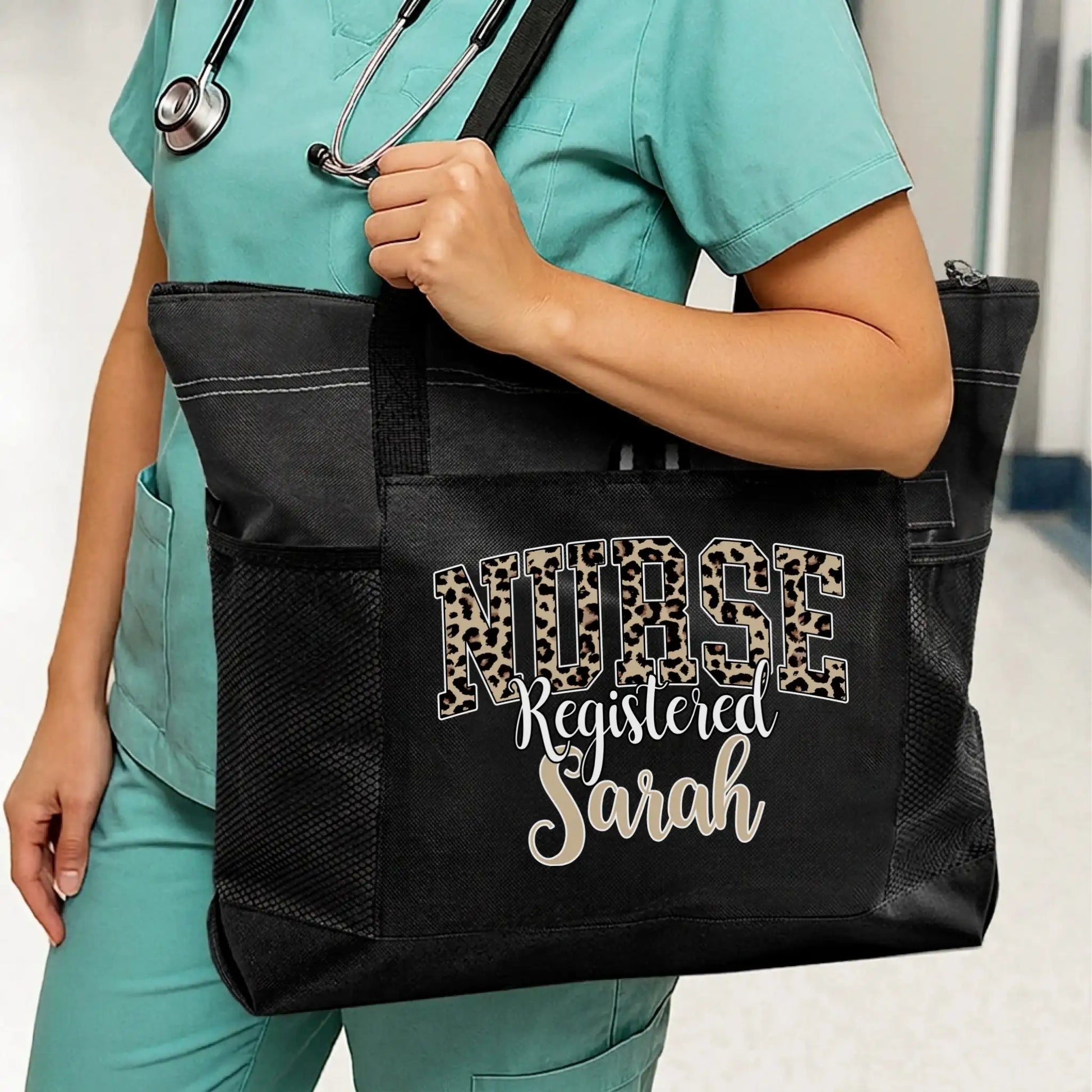 Nursehype Personalized Leopard Print Registered Nurse Tote Bag