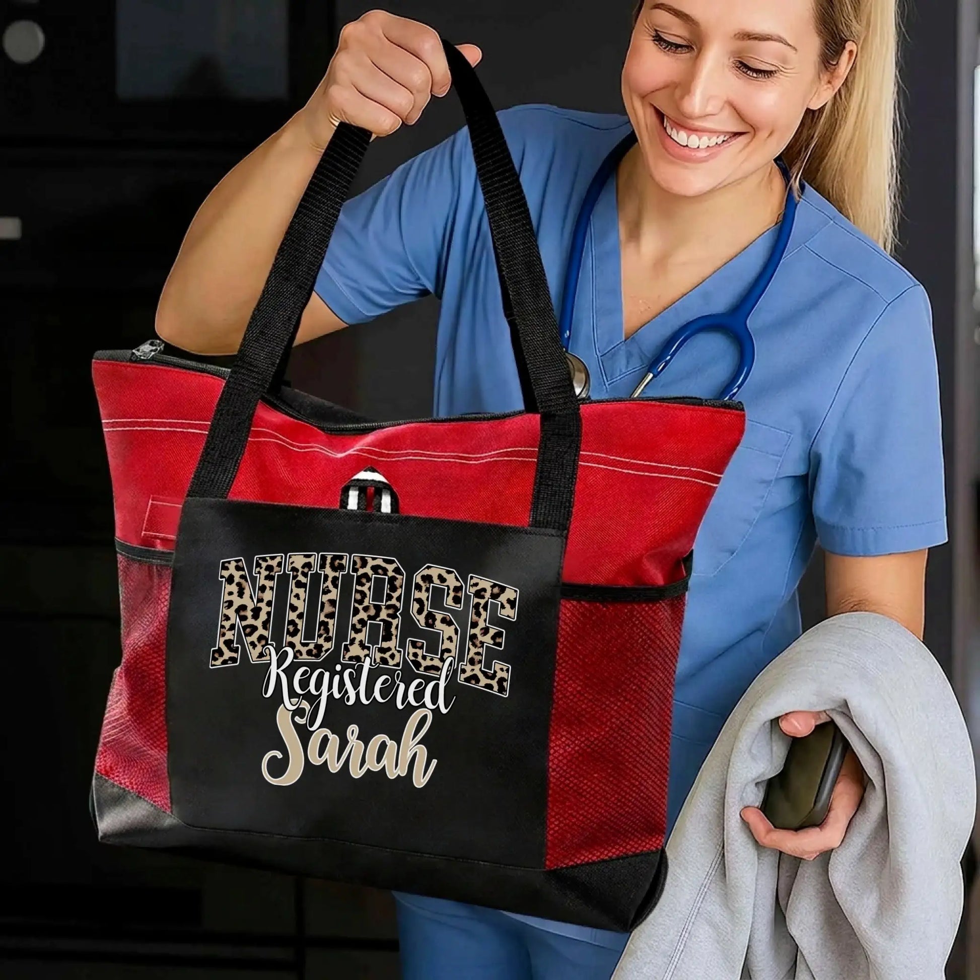 Nursehype Personalized Leopard Print Registered Nurse Tote Bag