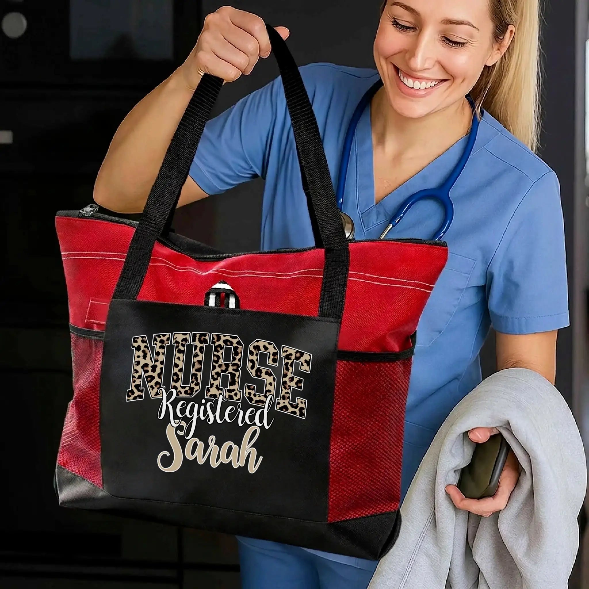 Nursehype Personalized Leopard Print Registered Nurse Tote Bag
