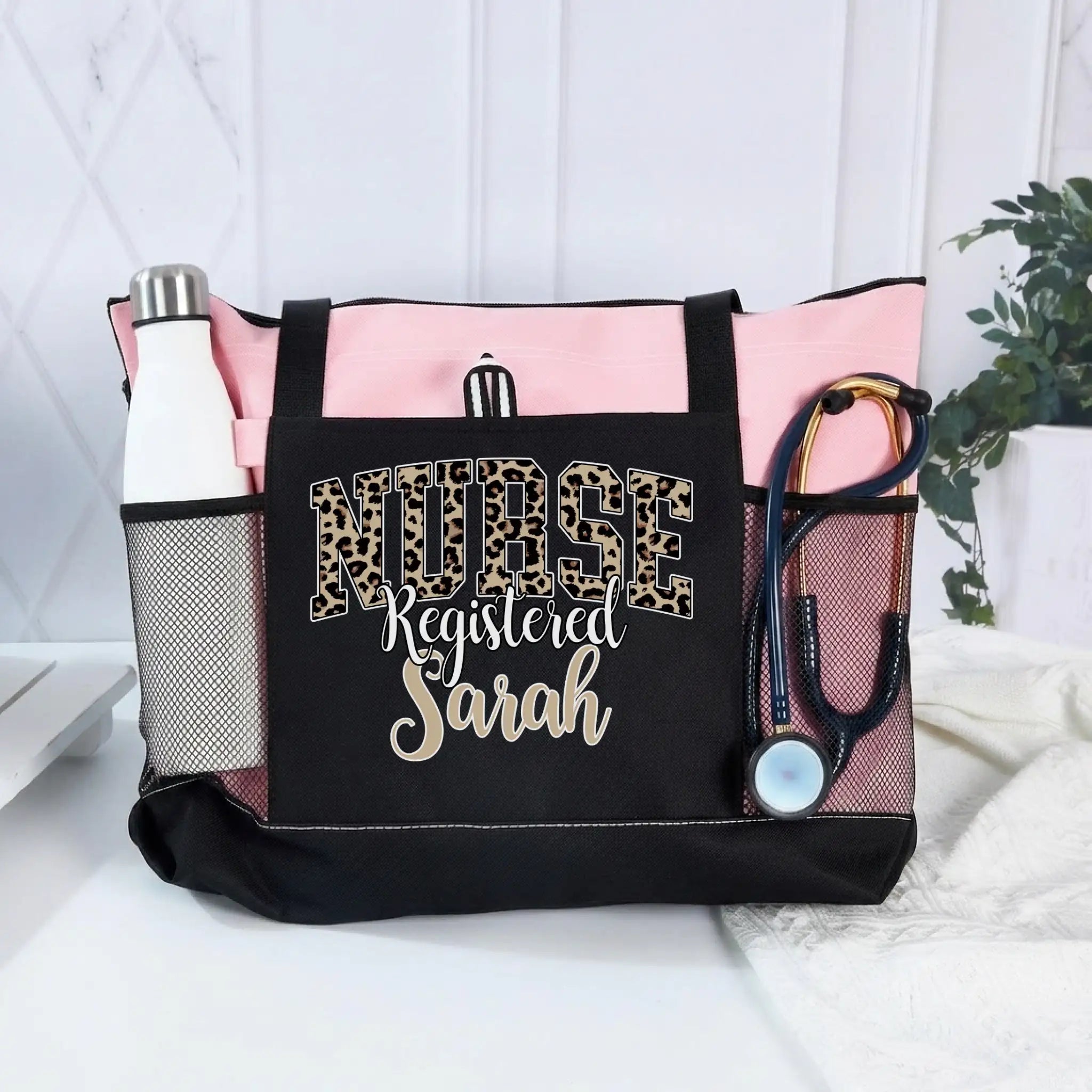 Nursehype Personalized Leopard Print Registered Nurse Tote Bag