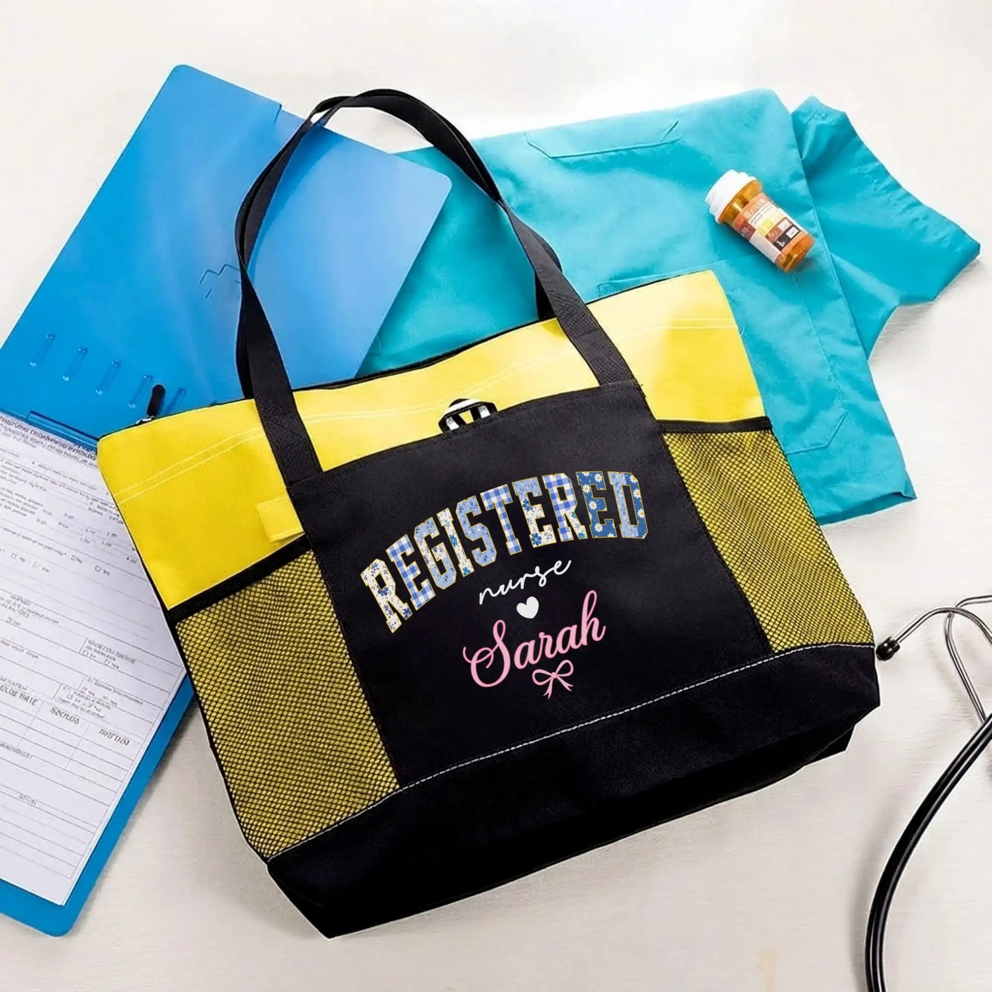Nursehype Personalized Pink and Black Floral Nurse Canvas Bag
