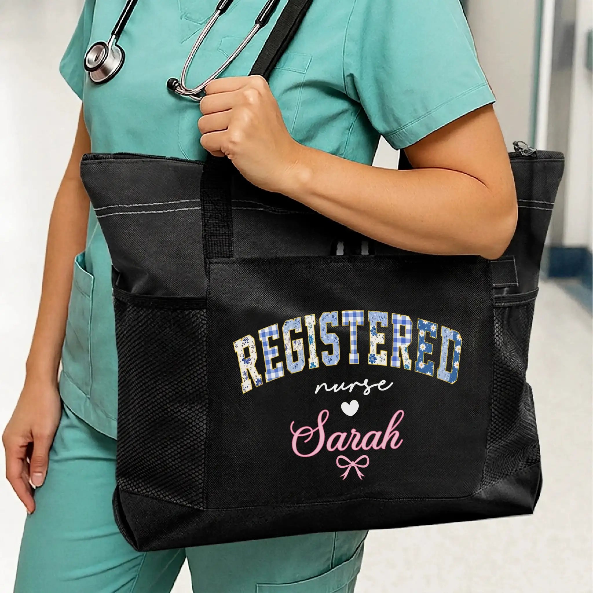 Nursehype Personalized Pink and Black Floral Nurse Canvas Bag