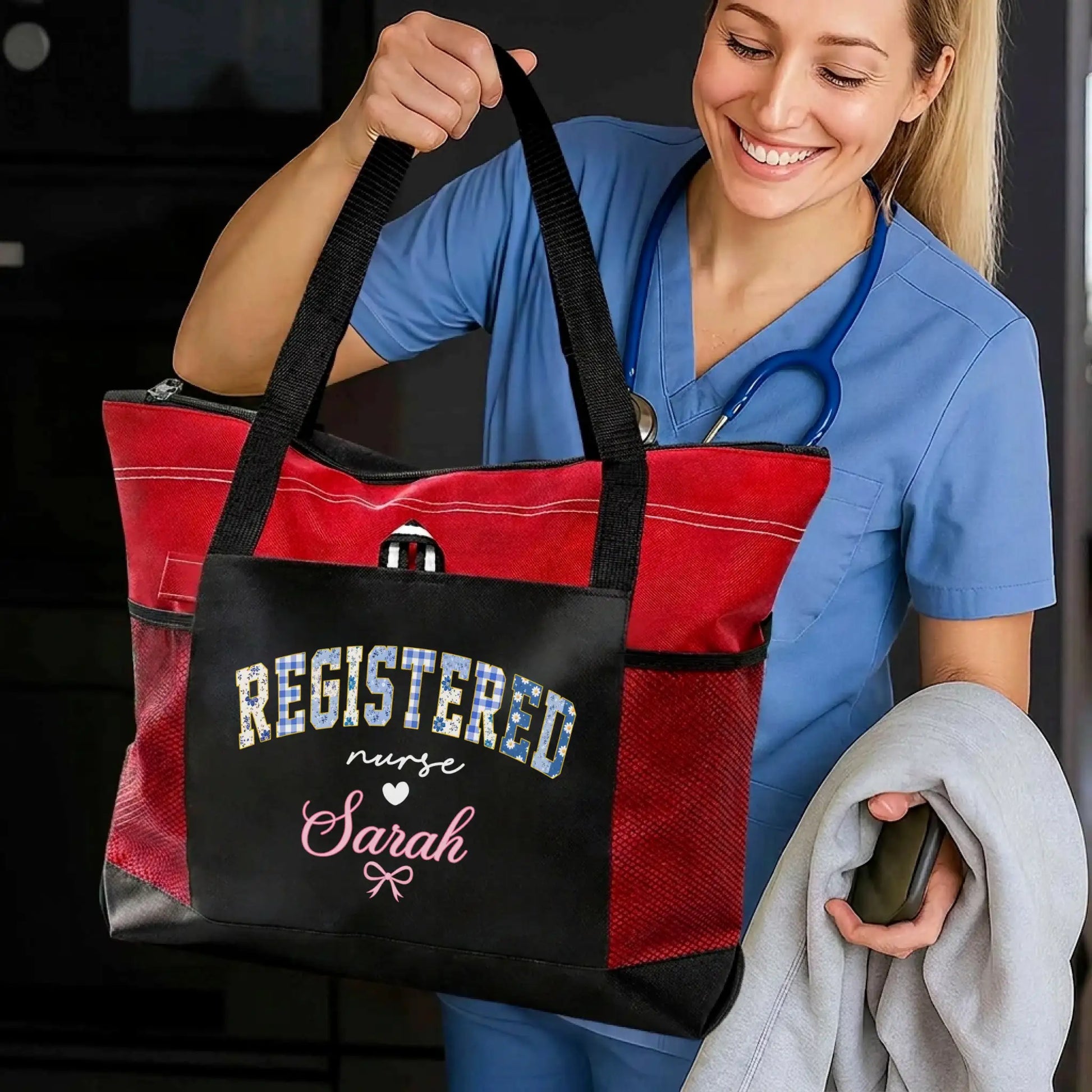 Nursehype Personalized Pink and Black Floral Nurse Canvas Bag