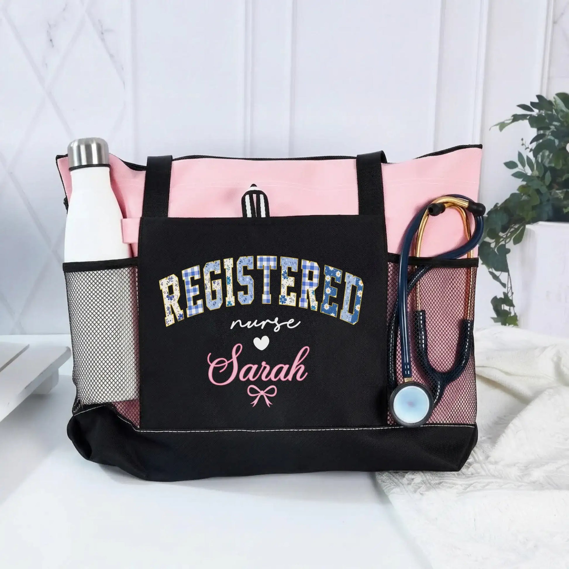 Nursehype Personalized Pink and Black Floral Nurse Canvas Bag