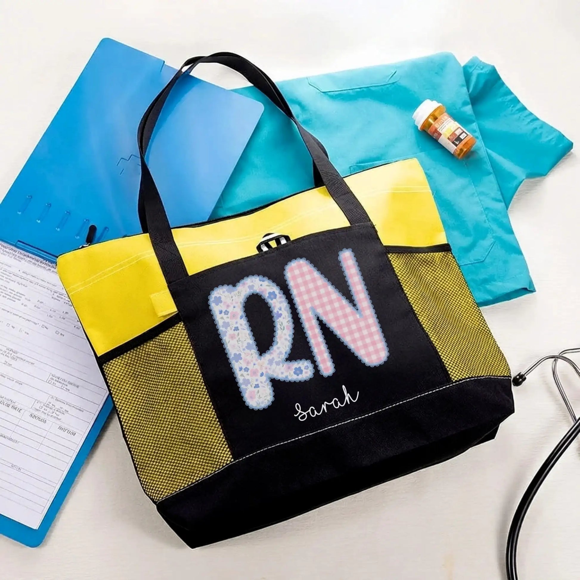 Nursehype Personalized RN Floral and Gingham Tote Bag