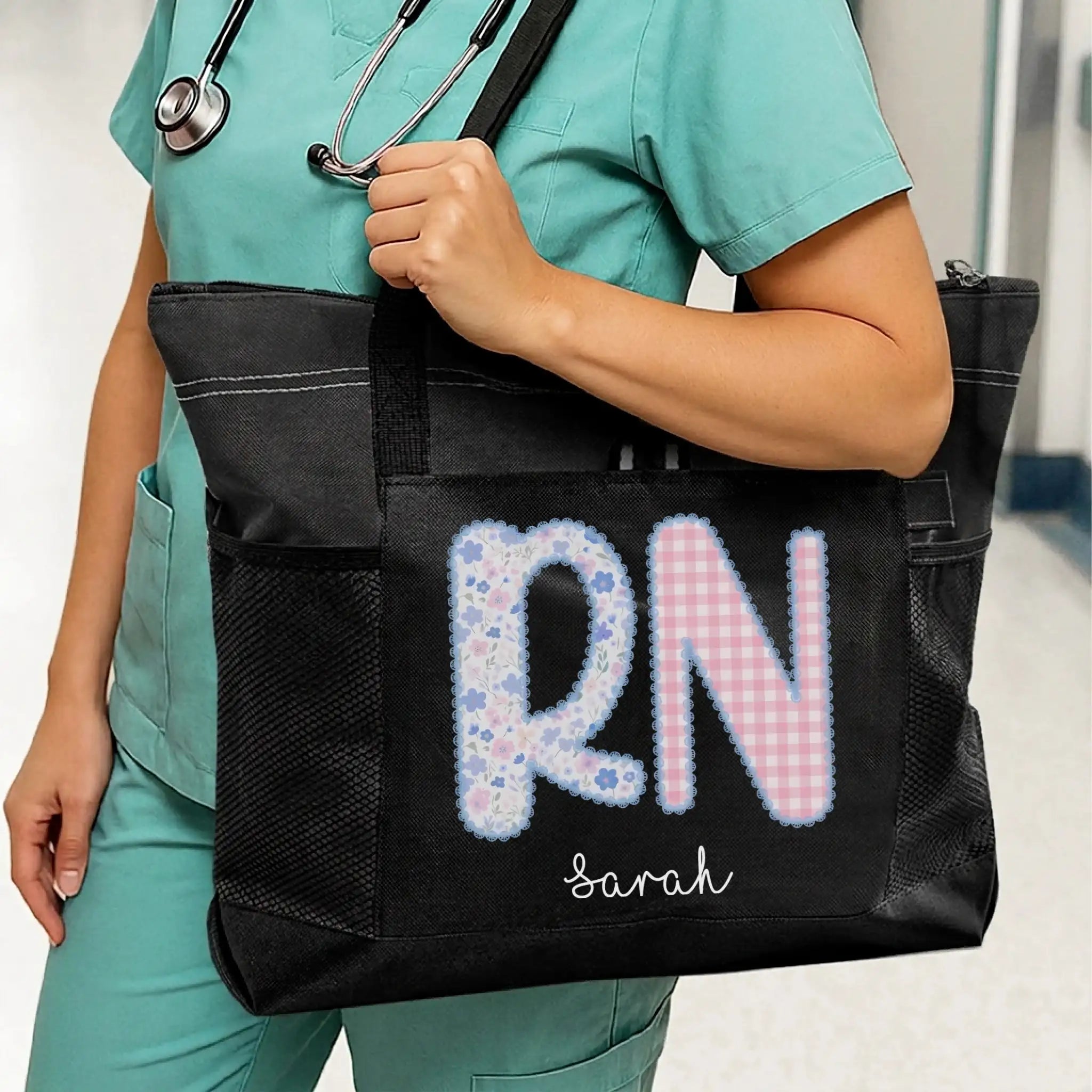 Nursehype Personalized RN Floral and Gingham Tote Bag