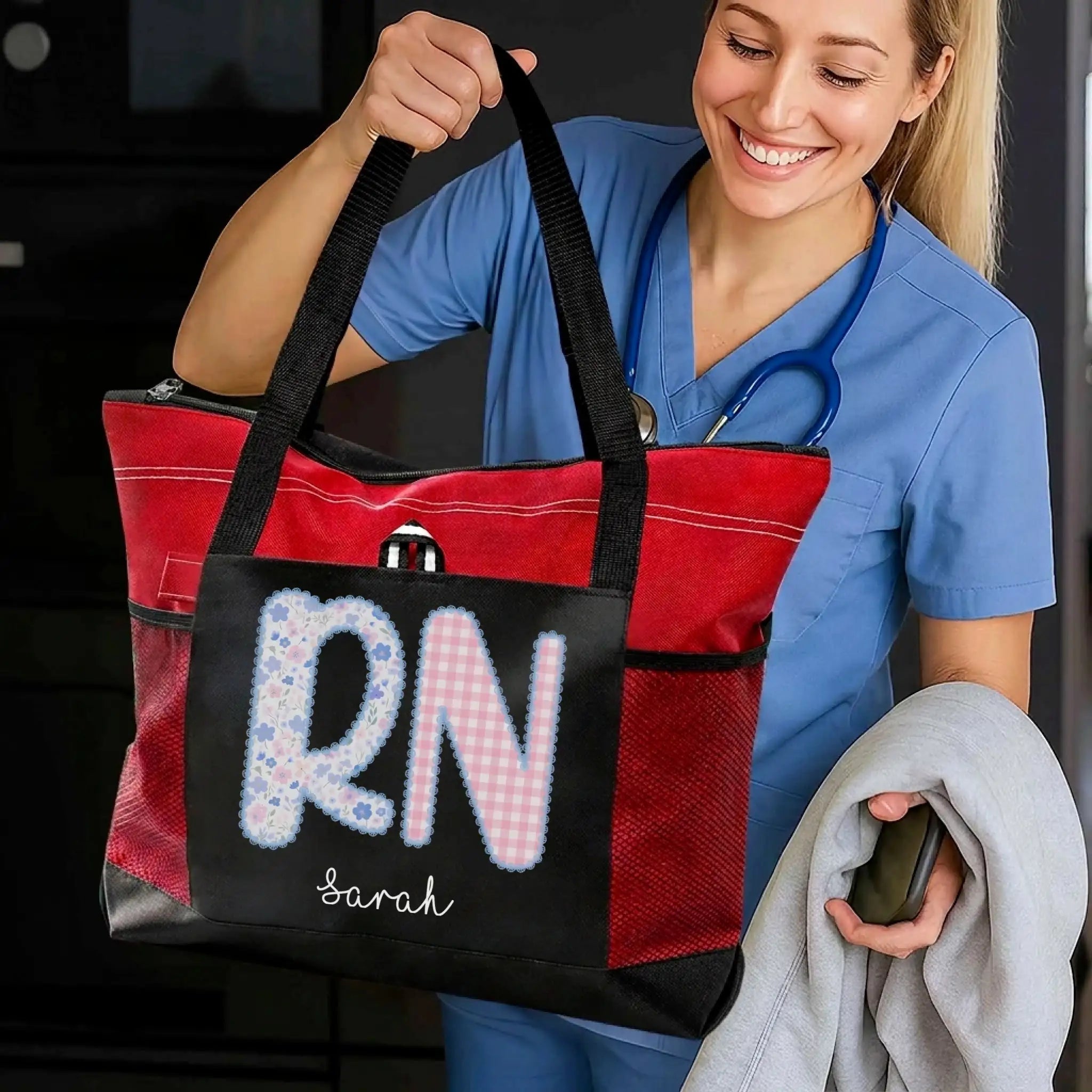 Nursehype Personalized RN Floral and Gingham Tote Bag