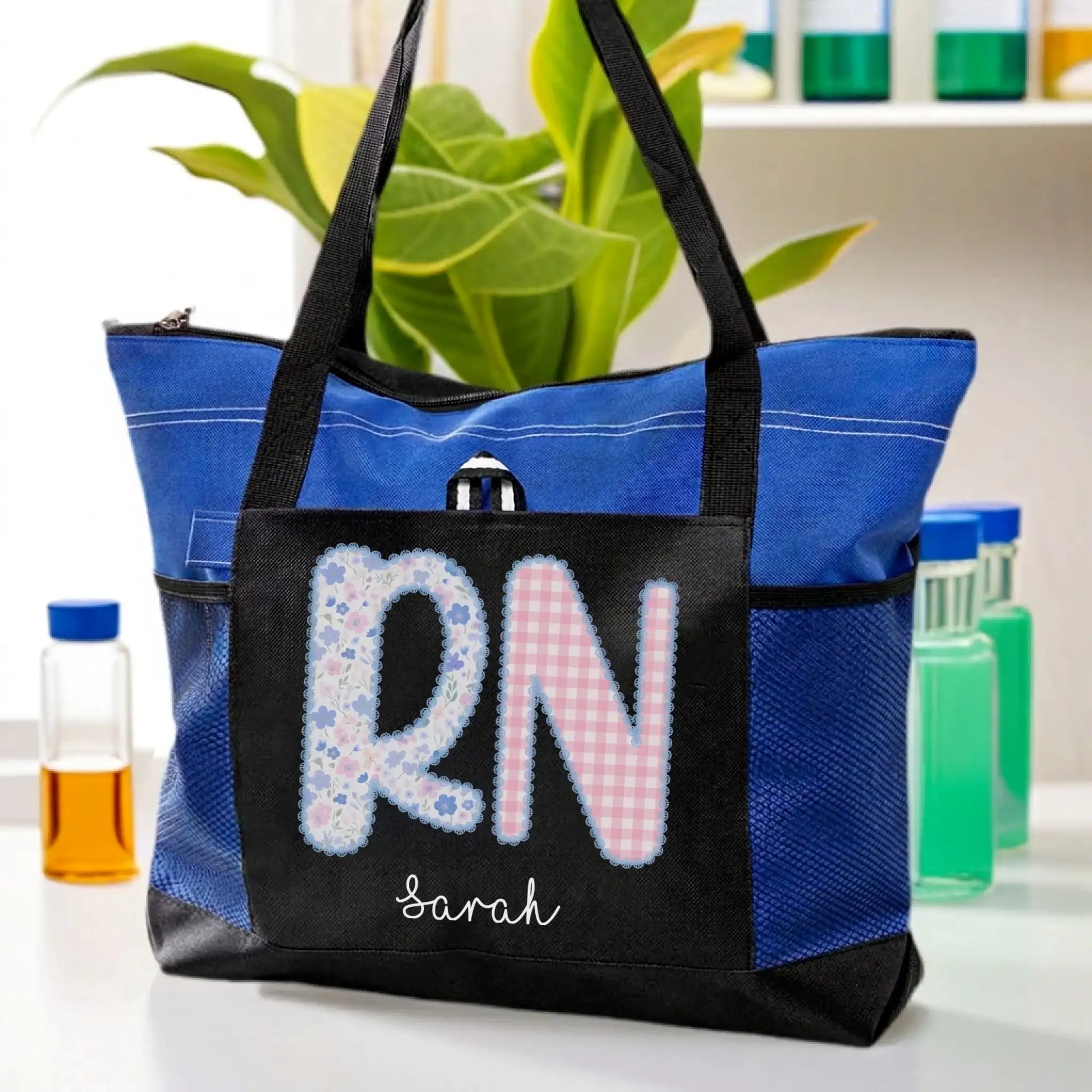 Nursehype Personalized RN Floral and Gingham Tote Bag