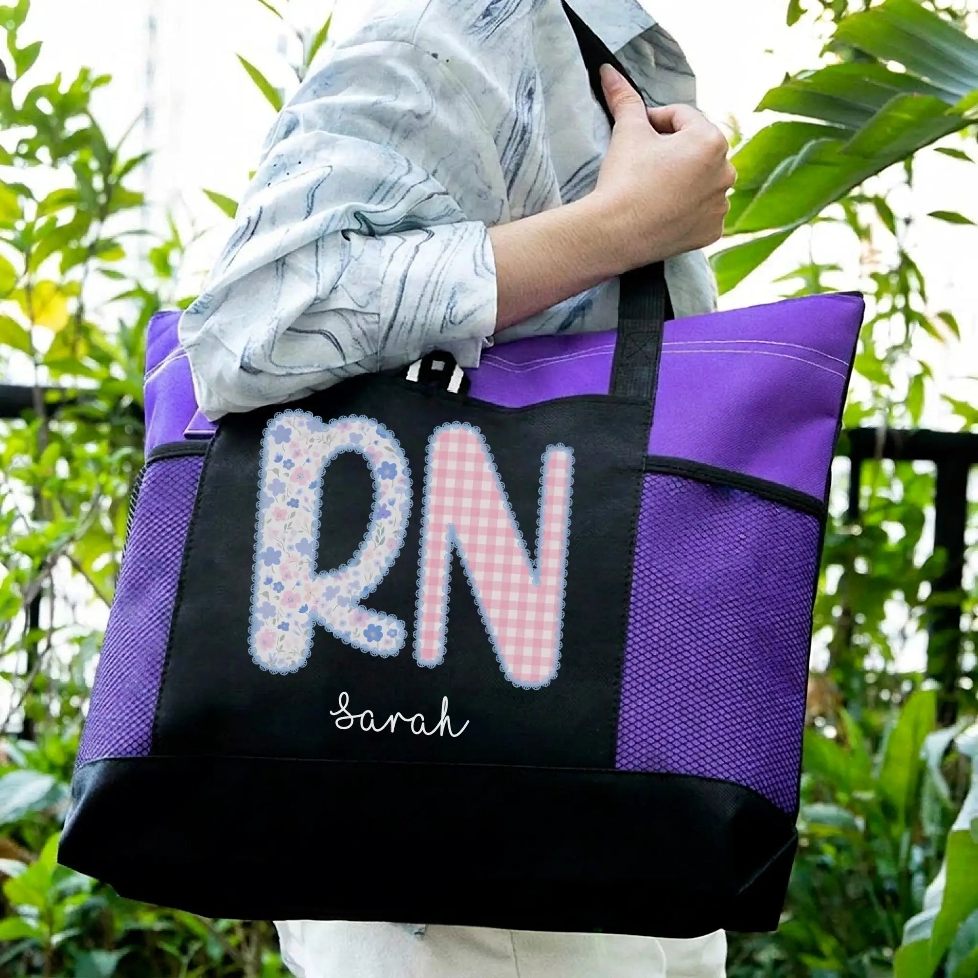 Nursehype Personalized RN Floral and Gingham Tote Bag