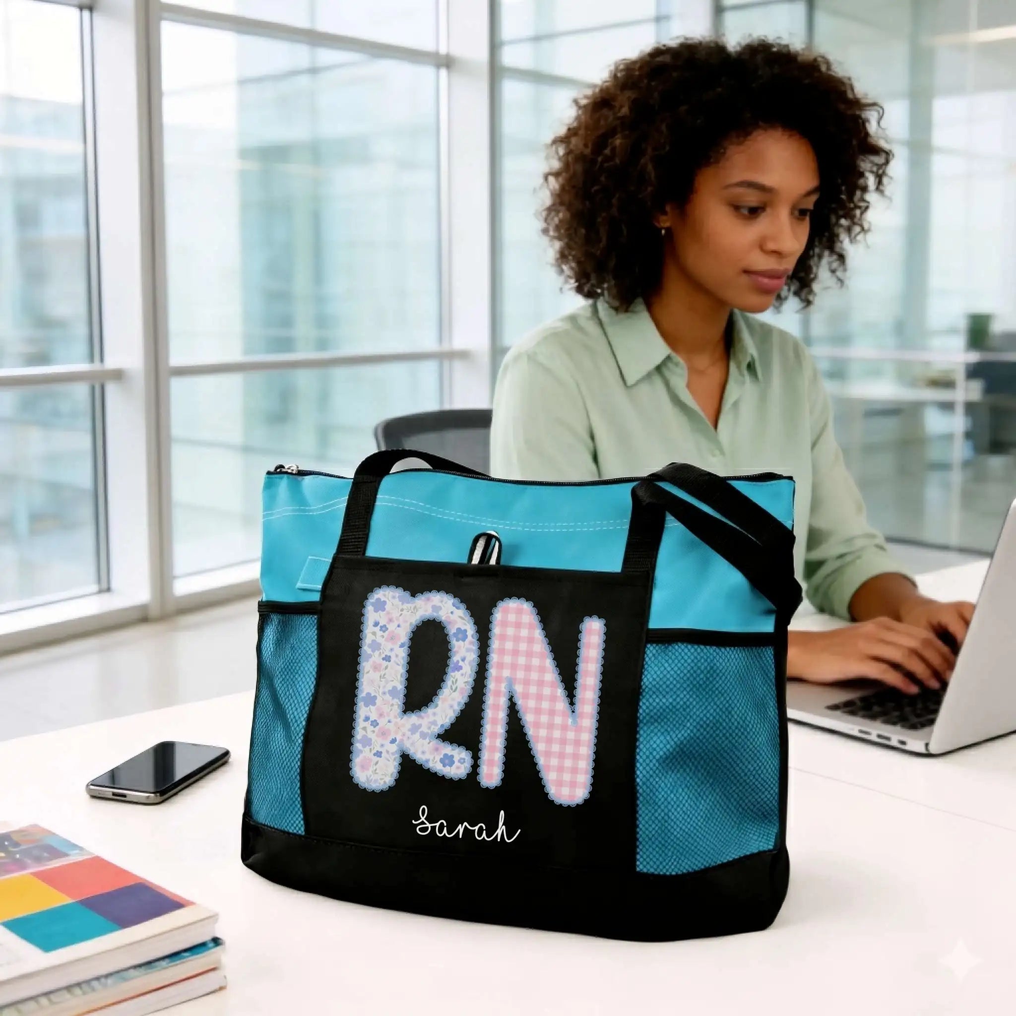 Nursehype Personalized RN Floral and Gingham Tote Bag
