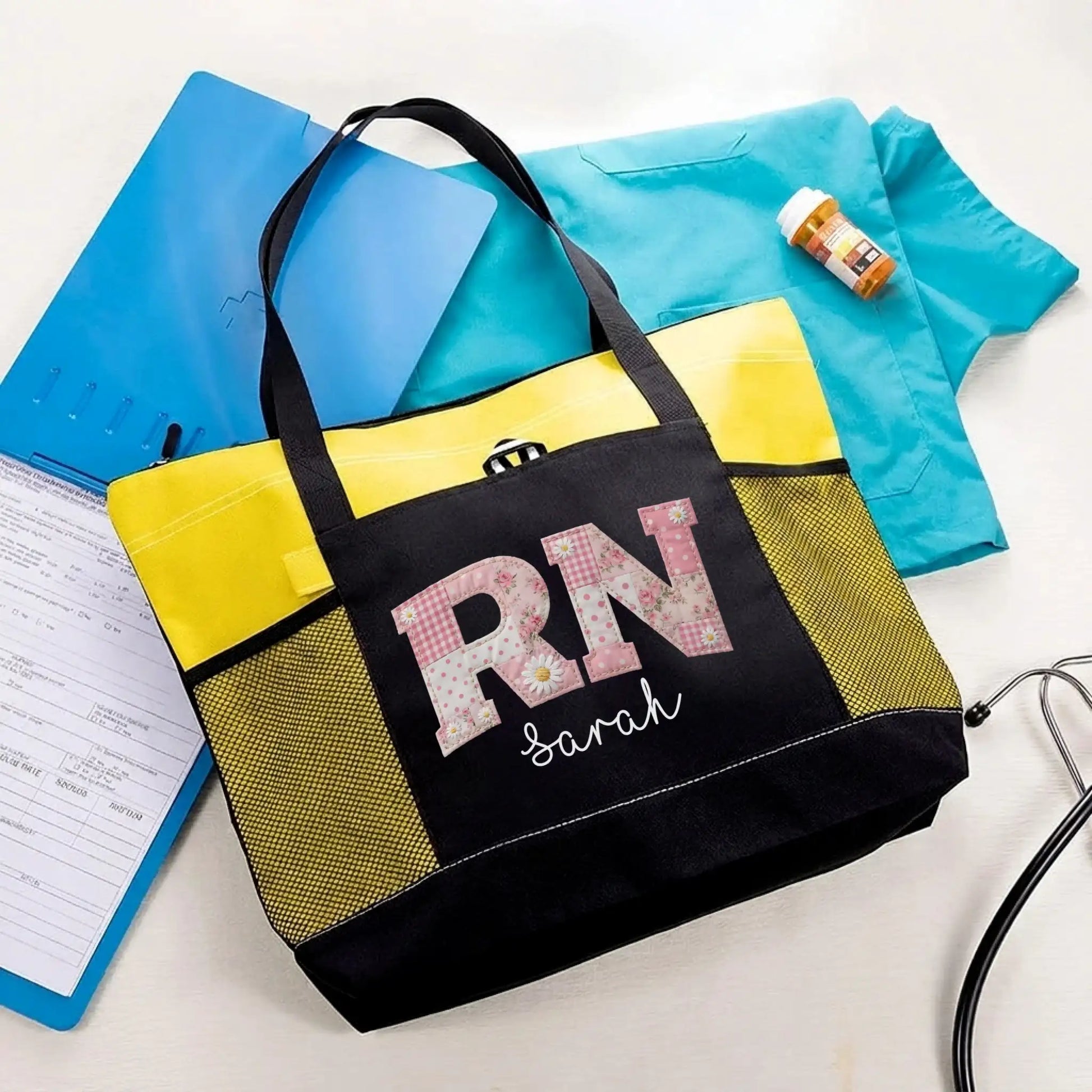 Nursehype Pink Patchwork RN Tote Bag with Custom Name