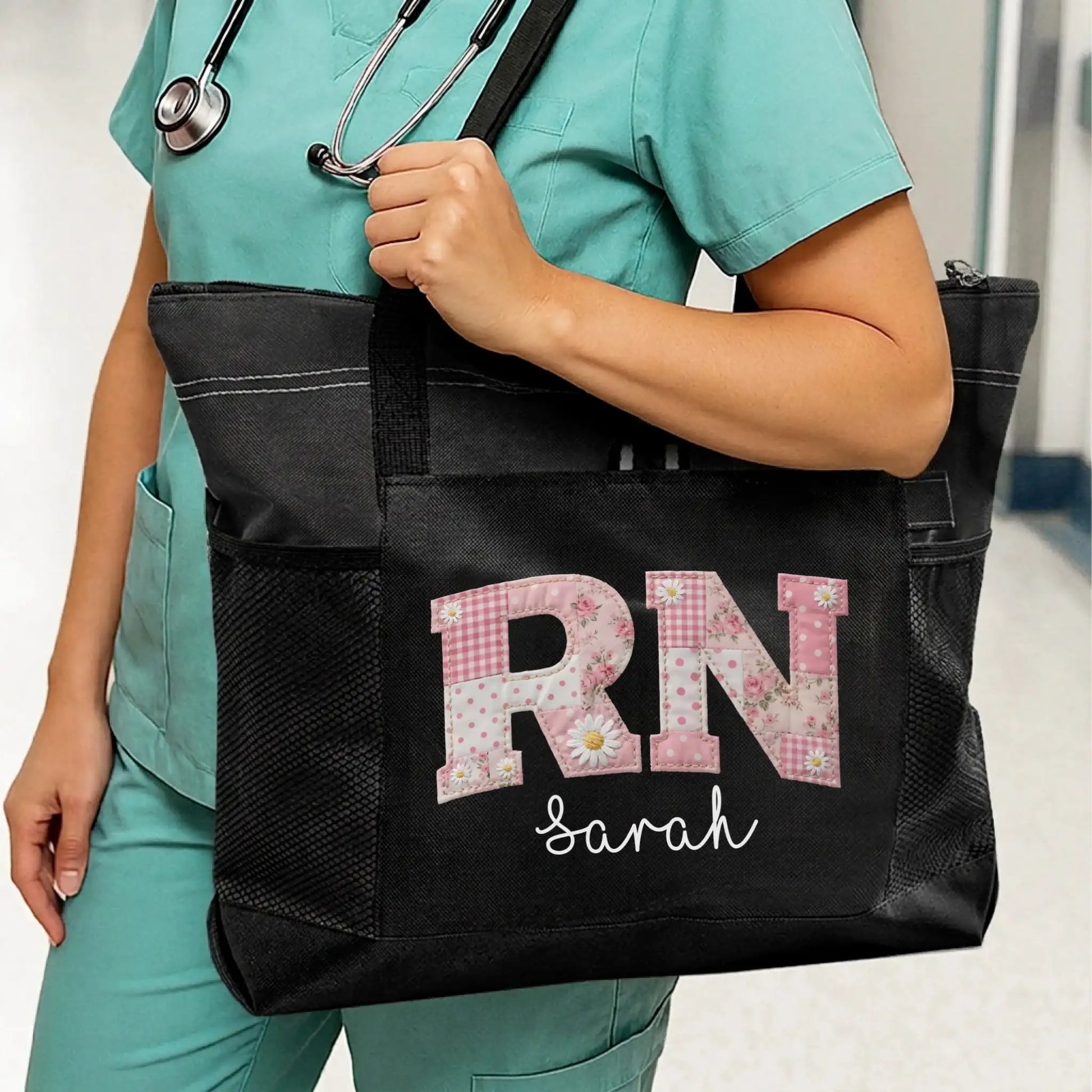 Nursehype Pink Patchwork RN Tote Bag with Custom Name