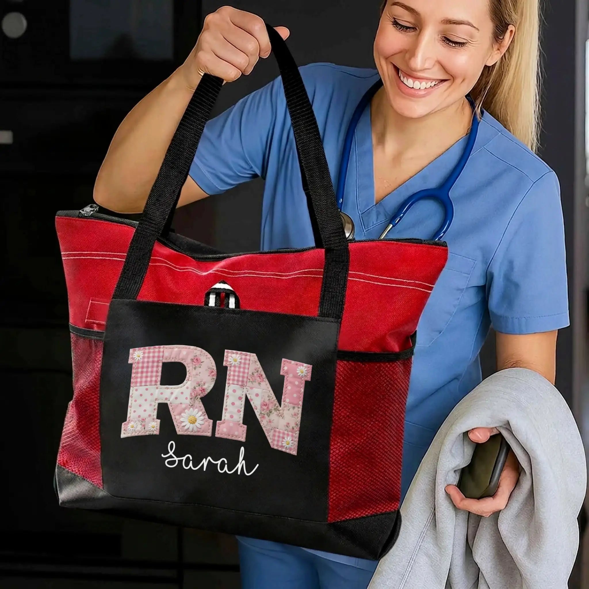 Nursehype Pink Patchwork RN Tote Bag with Custom Name