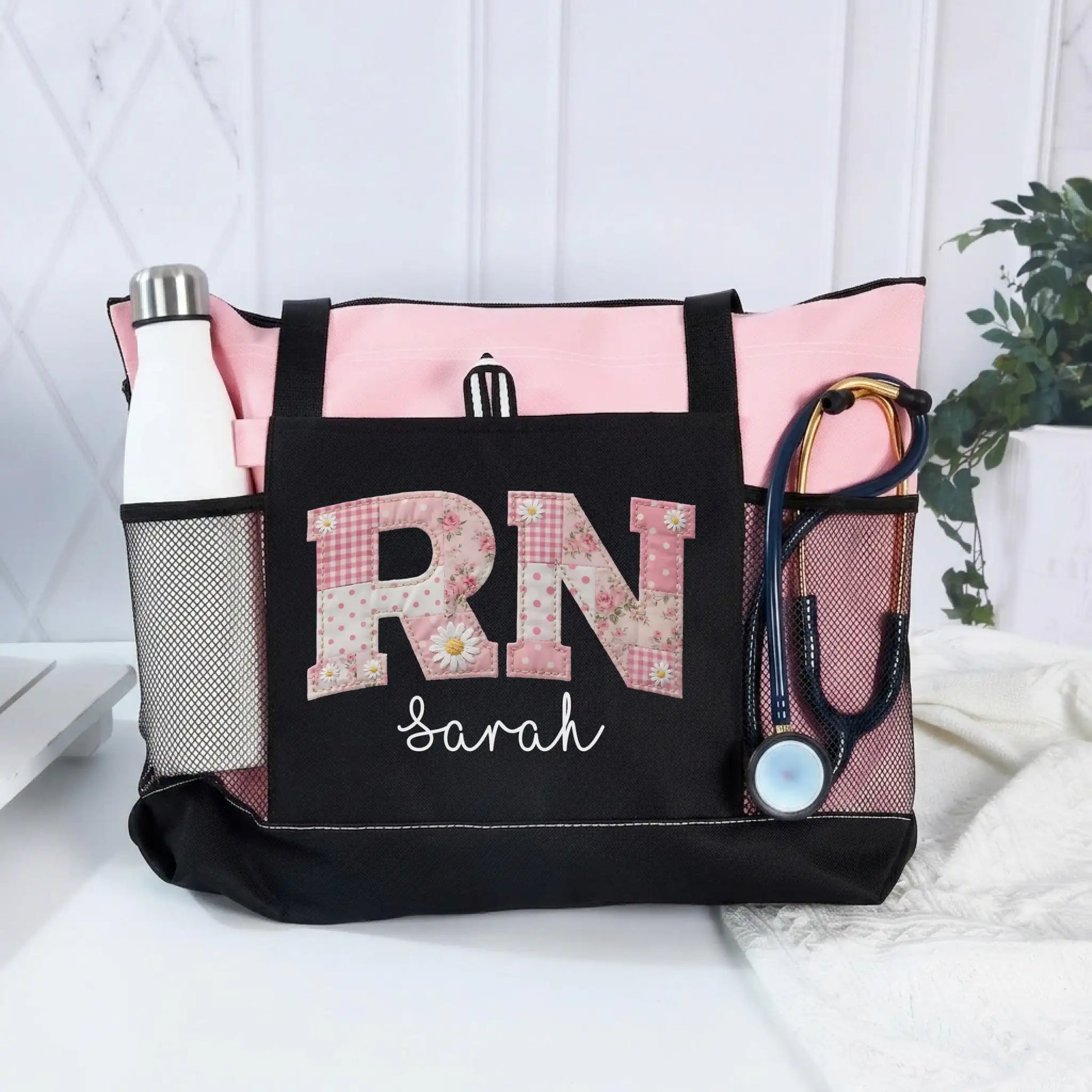 Nursehype Pink Patchwork RN Tote Bag with Custom Name