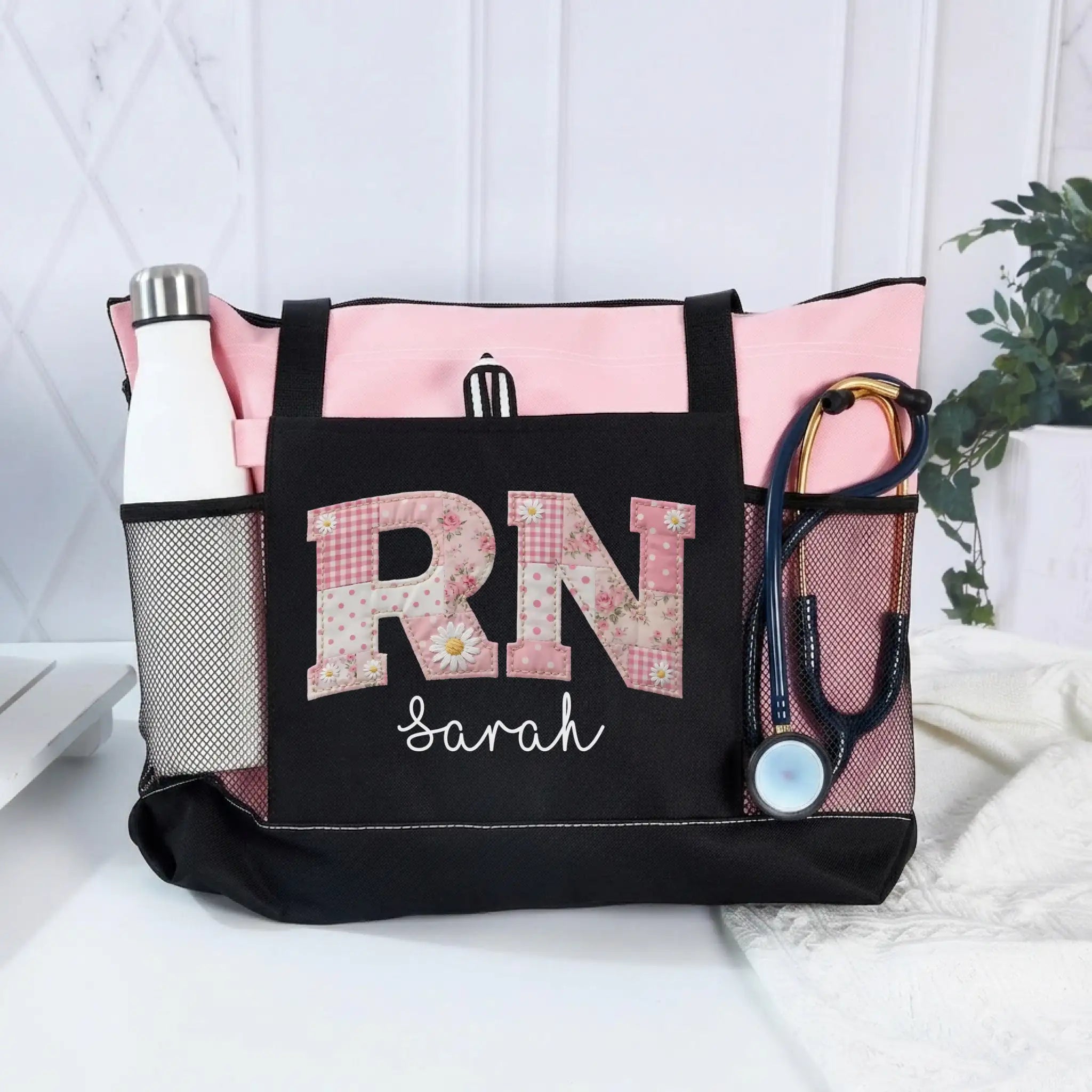 Nursehype Pink Patchwork RN Tote Bag with Custom Name