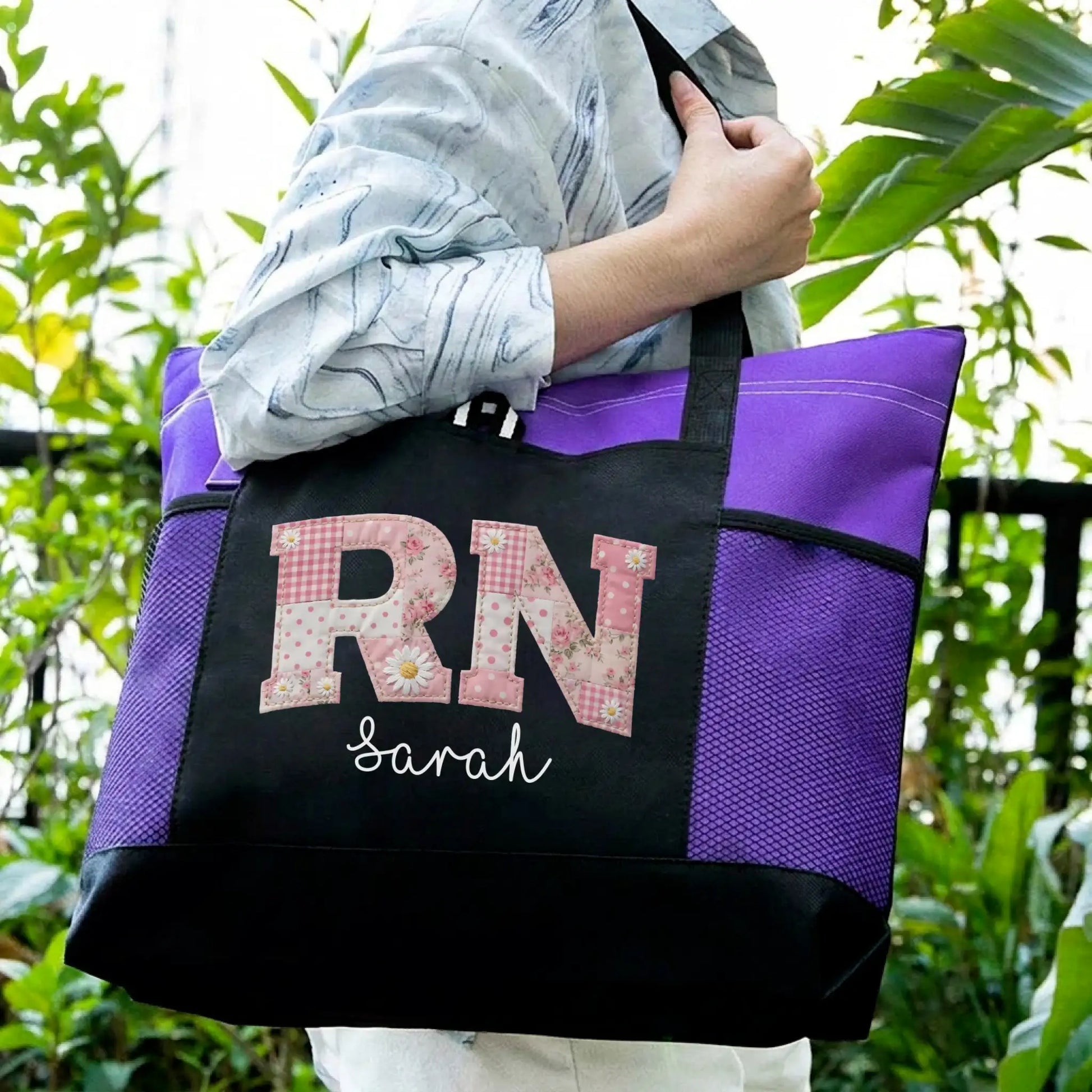 Nursehype Pink Patchwork RN Tote Bag with Custom Name