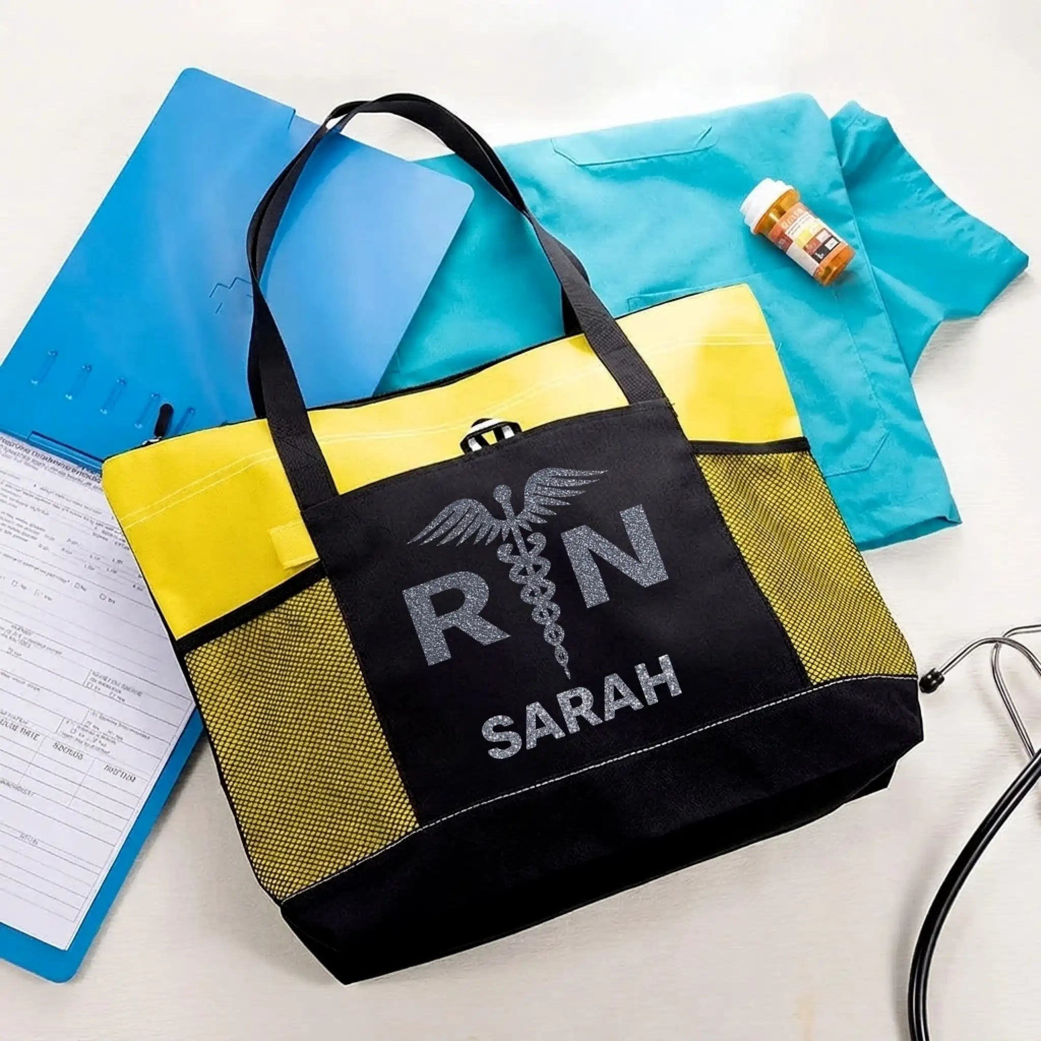 Nursehype RN Caduceus Glitter Tote Bag with Custom Name