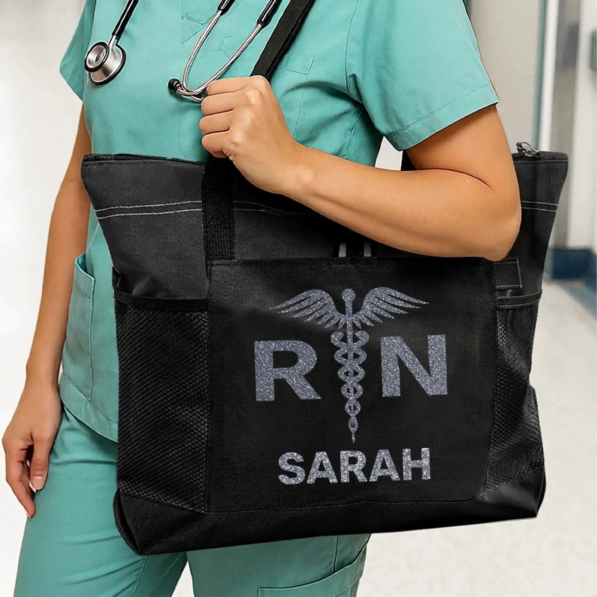 Nursehype RN Caduceus Glitter Tote Bag with Custom Name