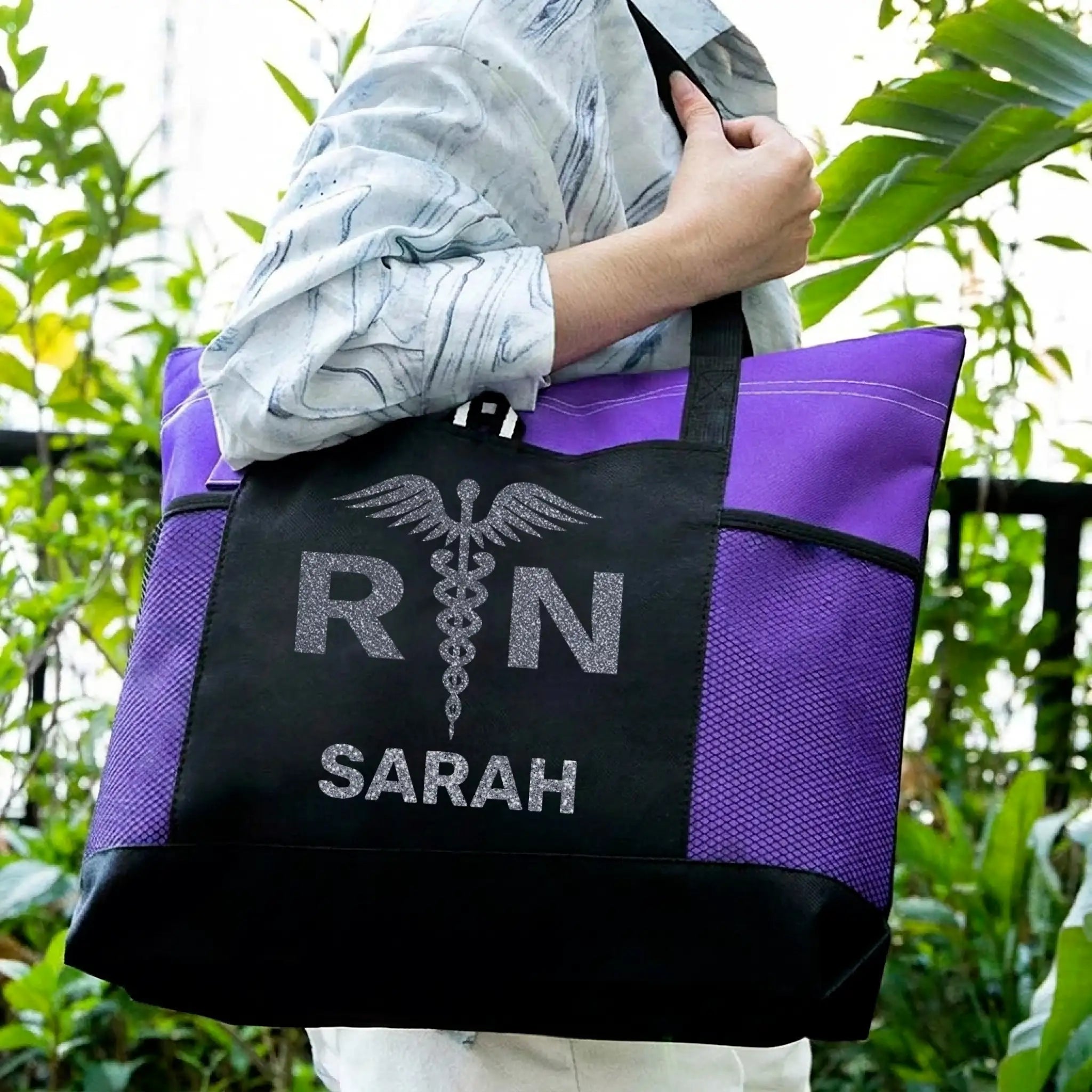 Nursehype RN Caduceus Glitter Tote Bag with Custom Name