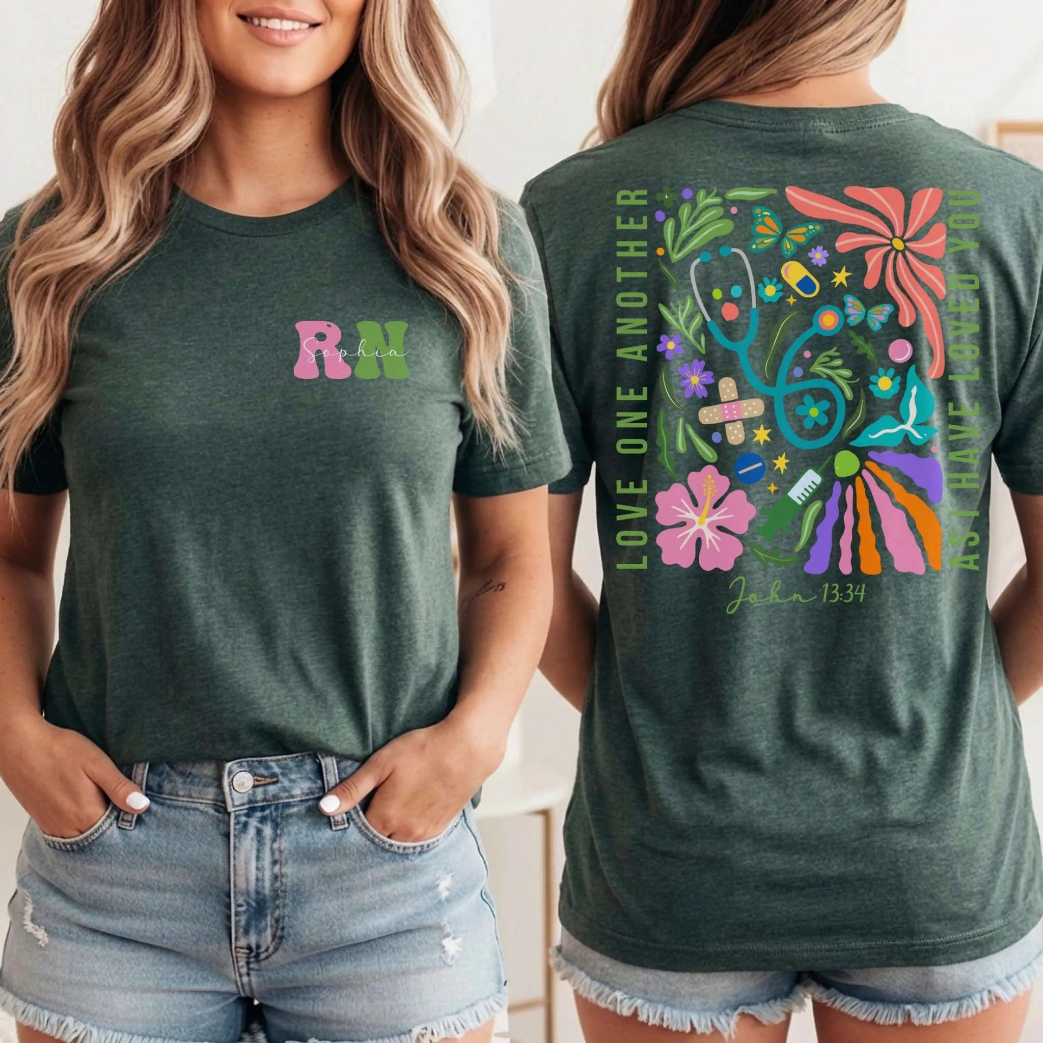RN Christian Nurse Floral Front Back Nurse Shirt