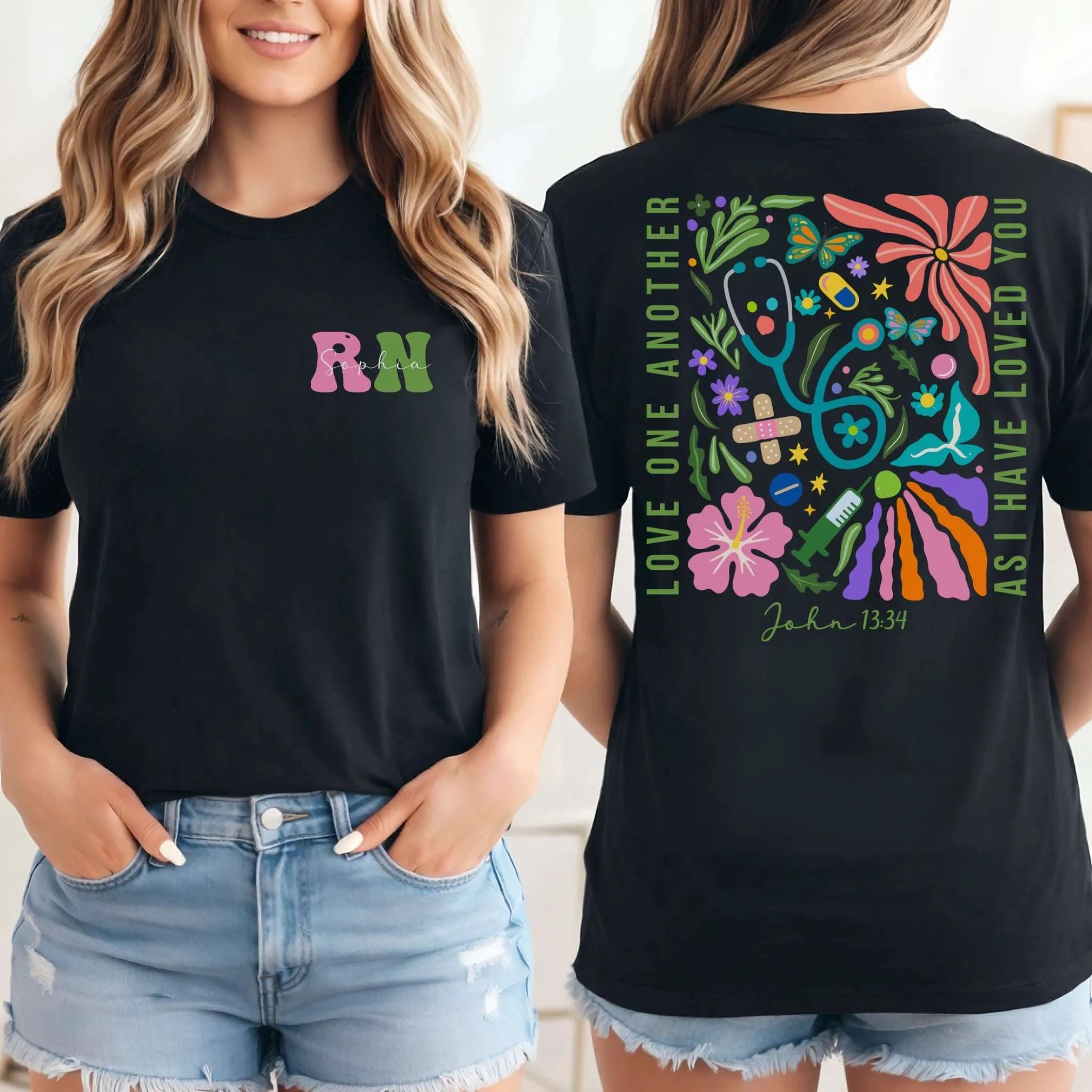 RN Christian Nurse Floral Front Back Nurse Shirt