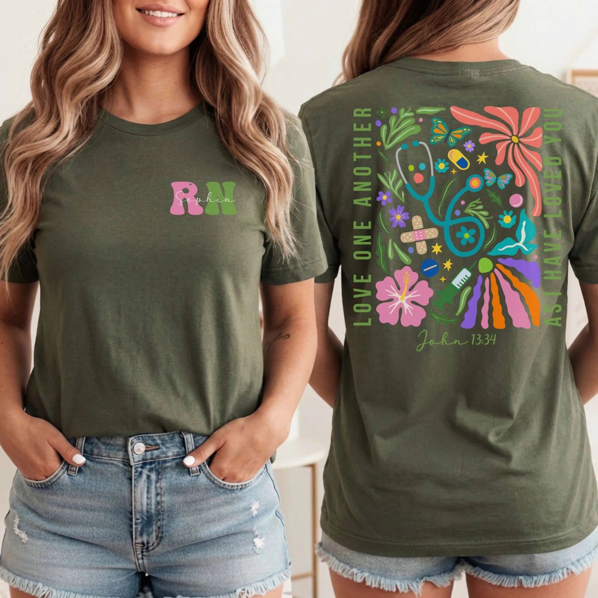 RN Christian Nurse Floral Front Back Nurse Shirt