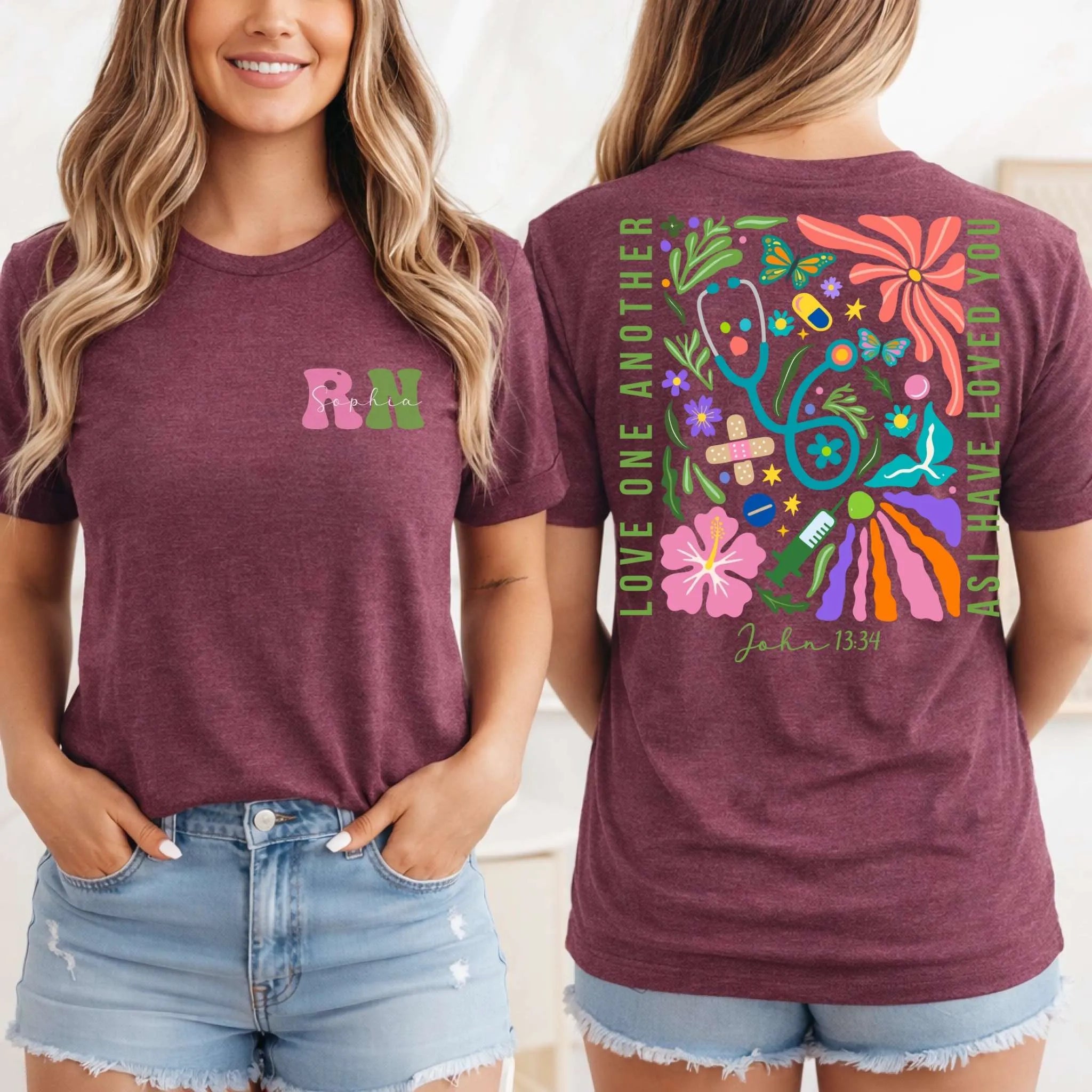 RN Christian Nurse Floral Front Back Nurse Shirt