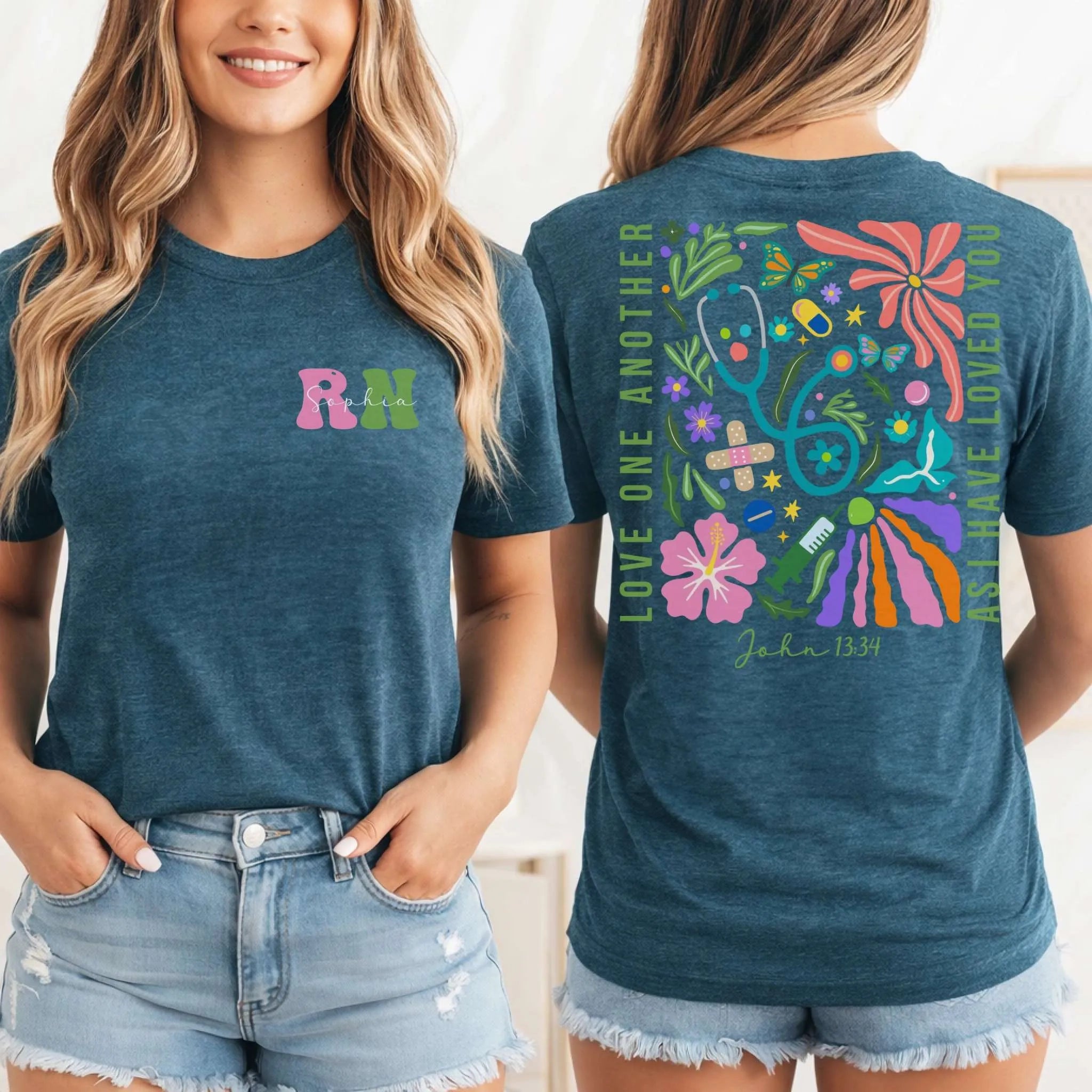 RN Christian Nurse Floral Front Back Nurse Shirt