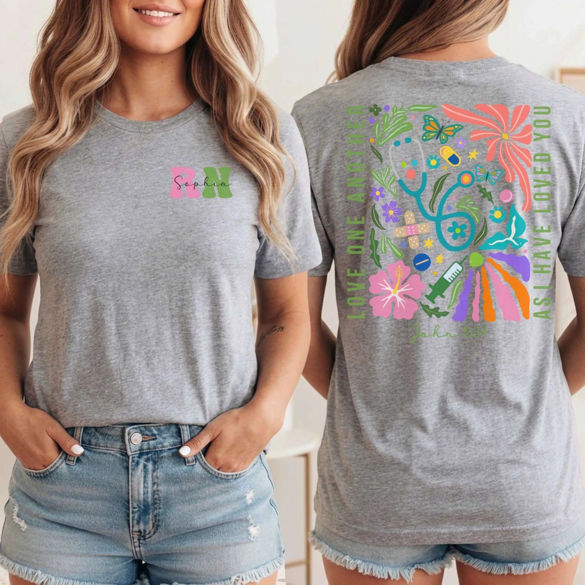 RN Christian Nurse Floral Front Back Nurse Shirt