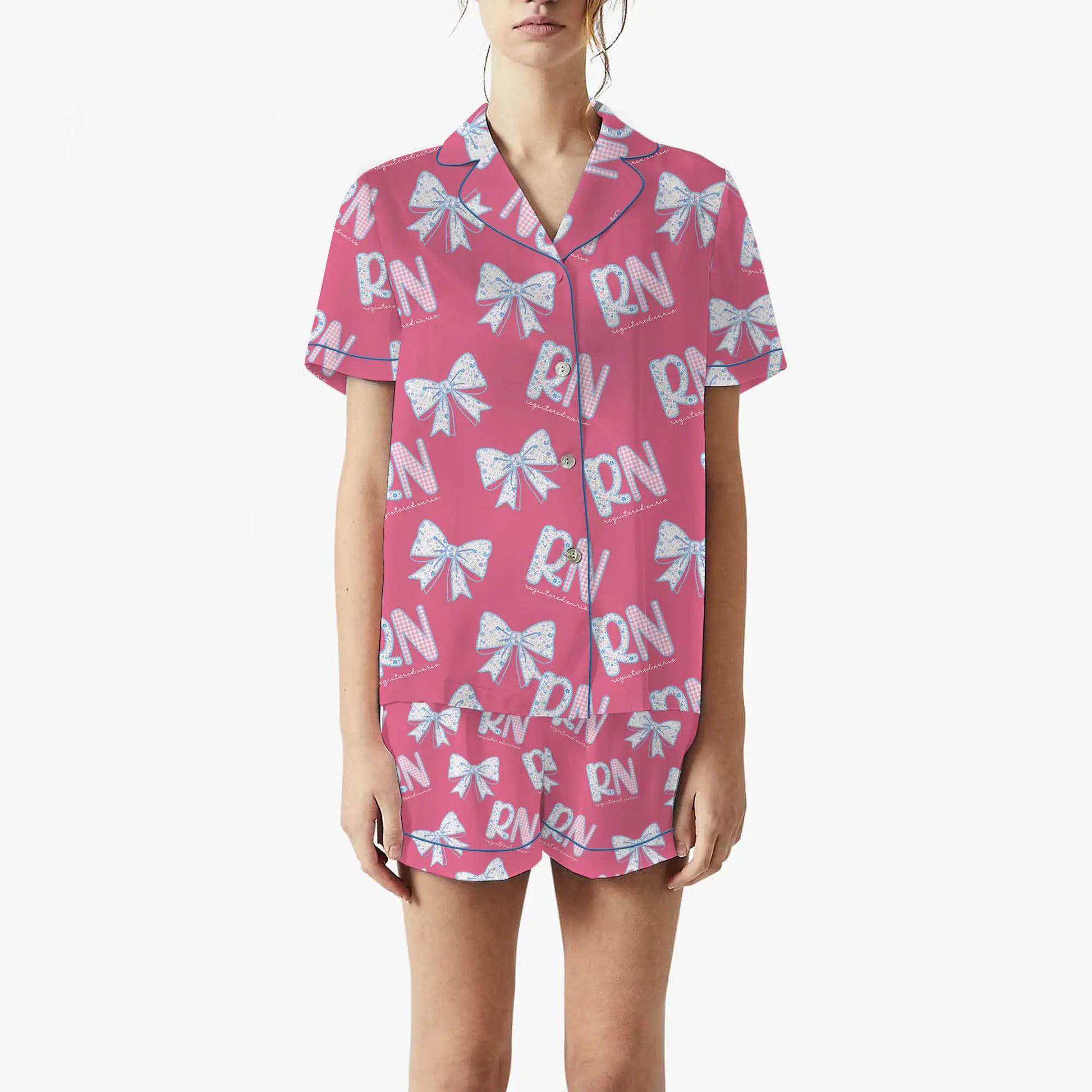 Nursehype RN Registered Nurse Hot Pink Floral Bow Satin Pajama Set
