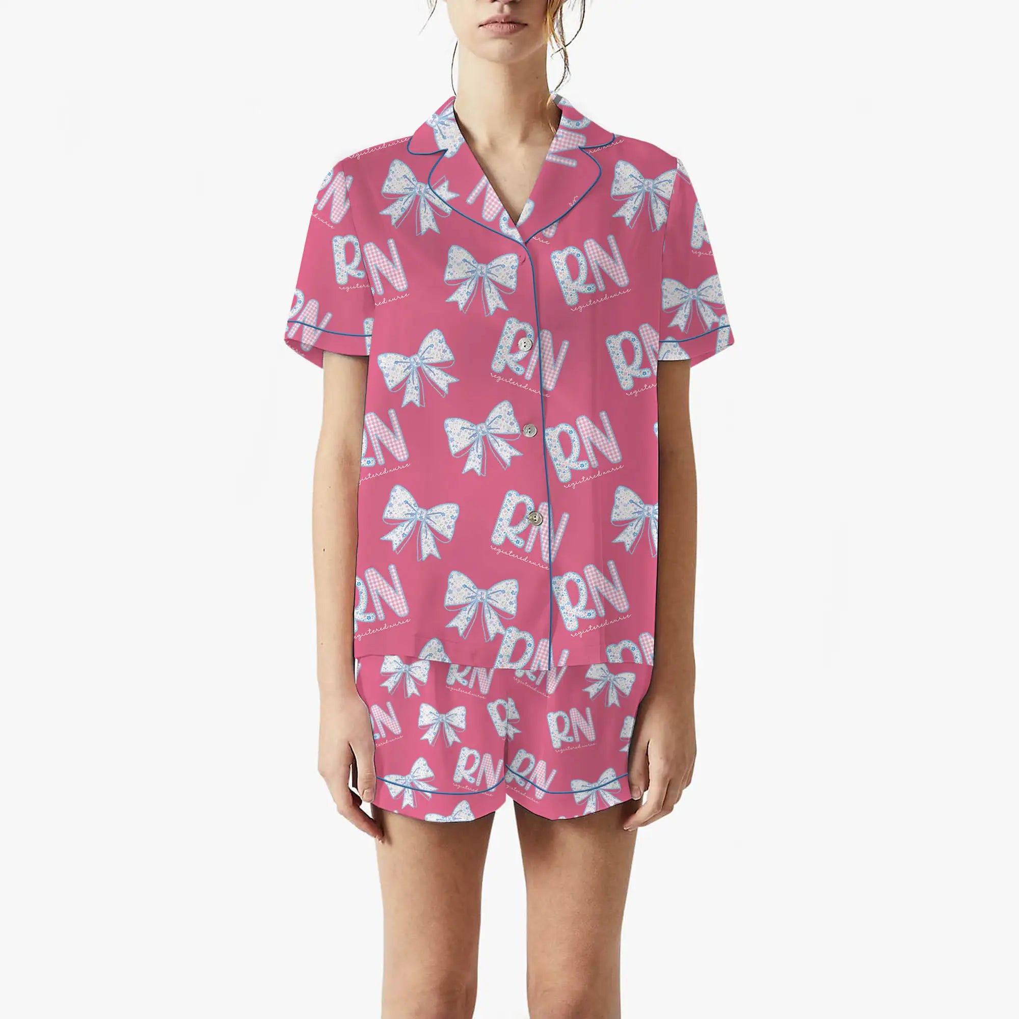 Nursehype RN Registered Nurse Hot Pink Floral Bow Satin Pajama Set