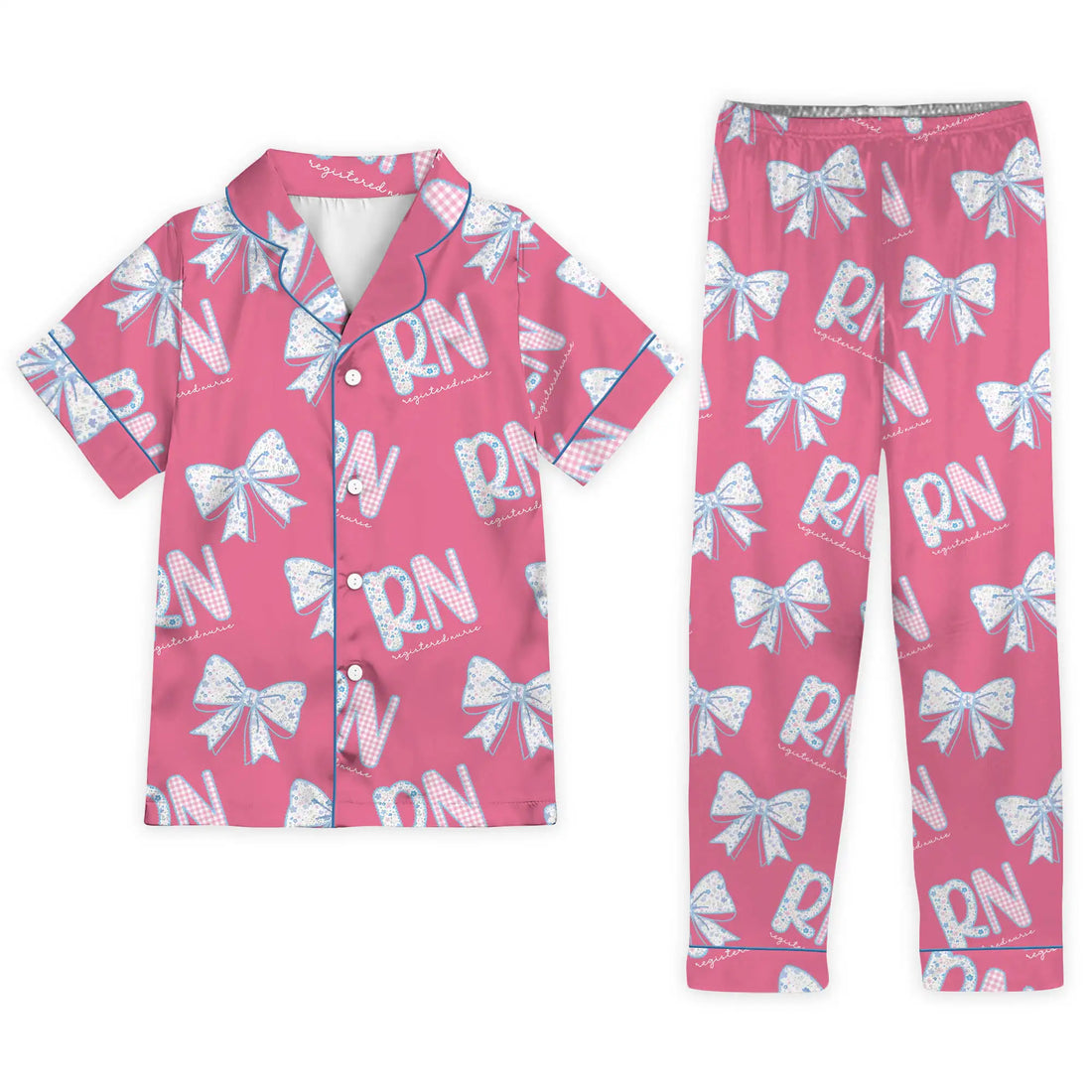 Nursehype RN Registered Nurse Hot Pink Floral Bow Satin Pajama Set