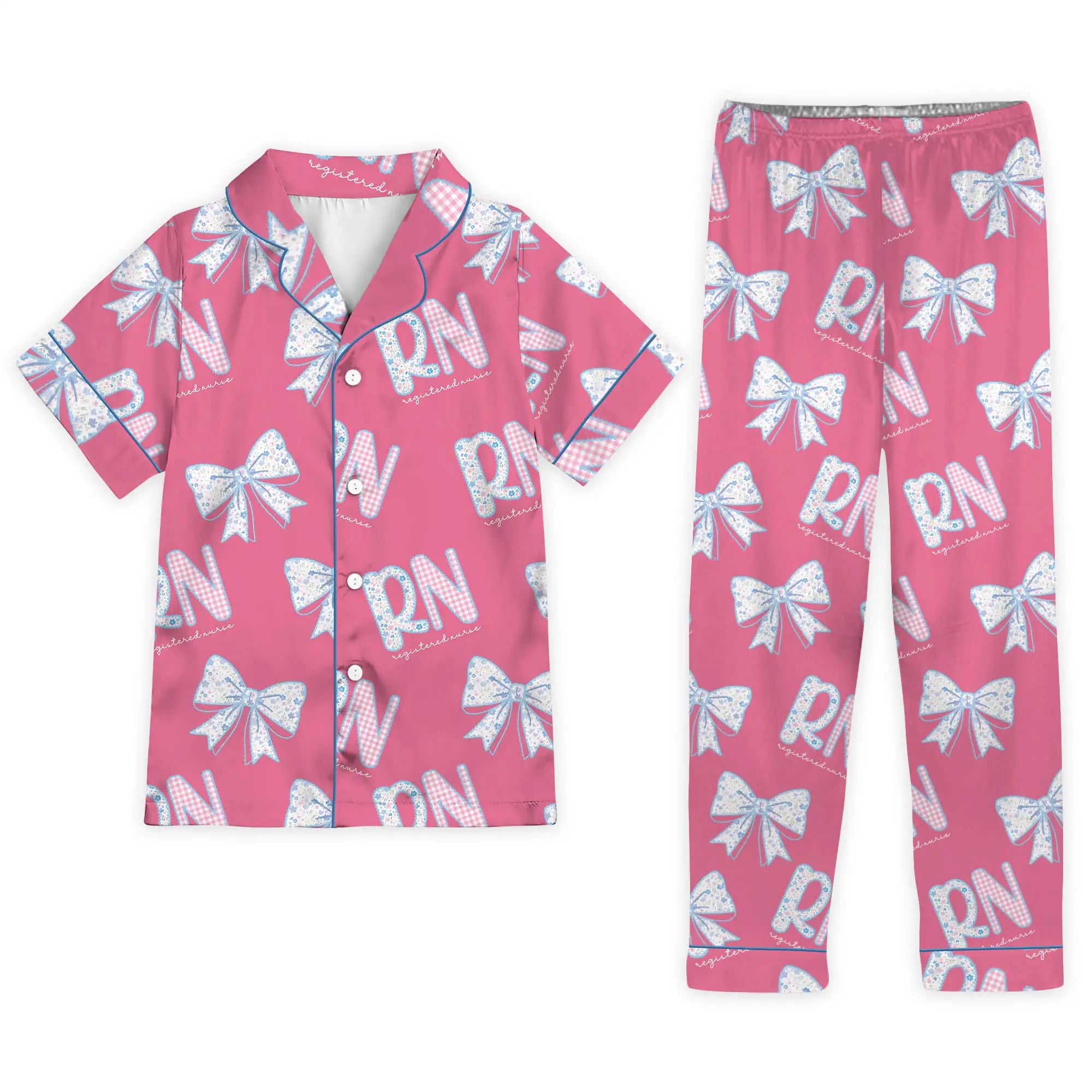 Nursehype RN Registered Nurse Hot Pink Floral Bow Satin Pajama Set