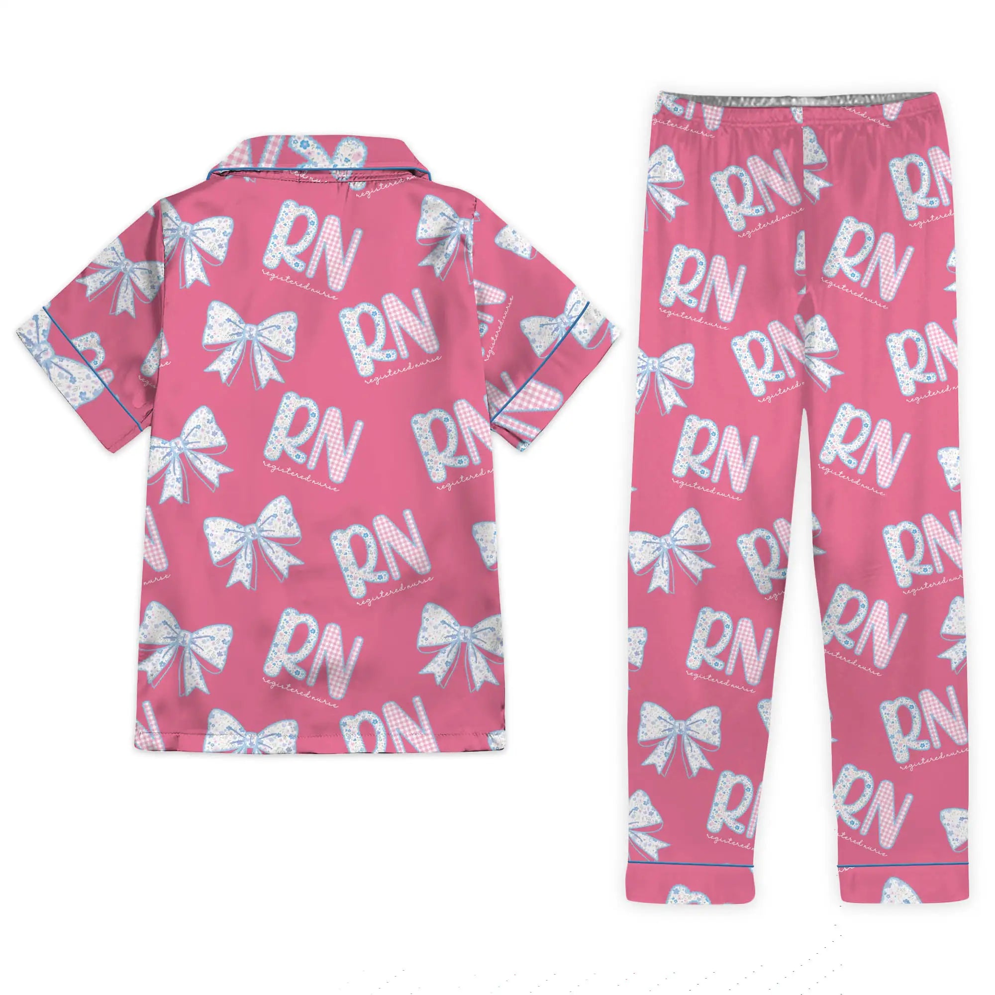 Nursehype RN Registered Nurse Hot Pink Floral Bow Satin Pajama Set
