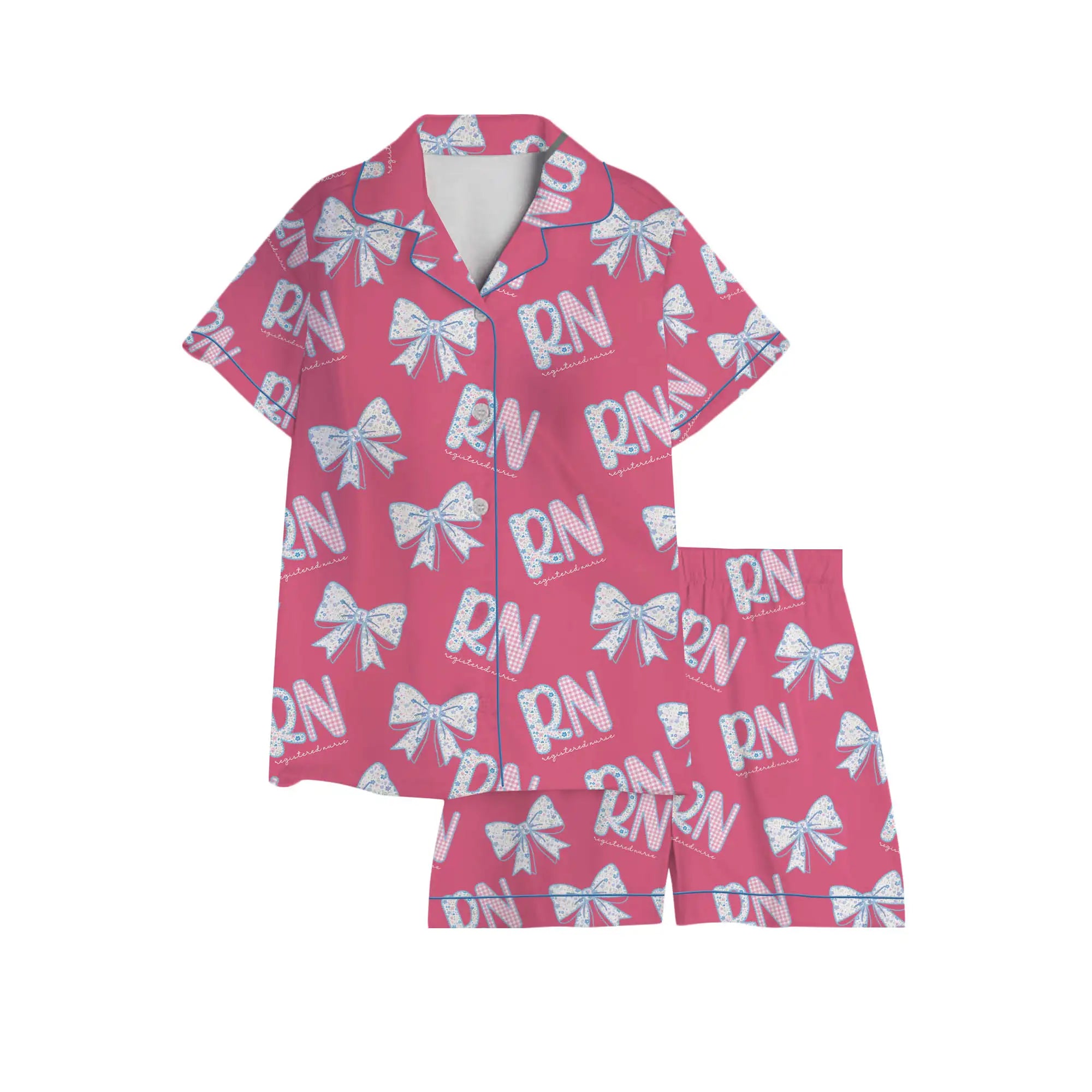 Nursehype RN Registered Nurse Hot Pink Floral Bow Satin Pajama Set
