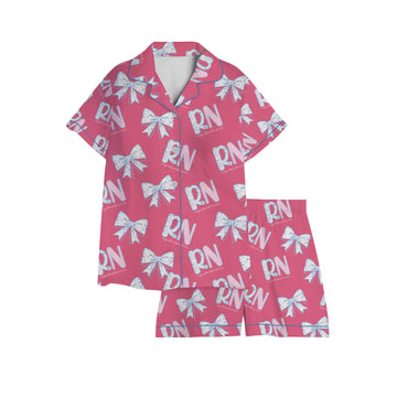 Nursehype RN Registered Nurse Hot Pink Floral Bow Satin Pajama Set