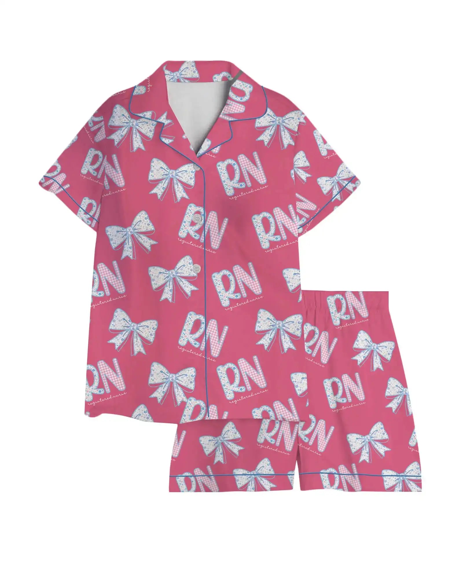 RN Registered Nurse Hot Pink Floral Bow Satin Pajama Set