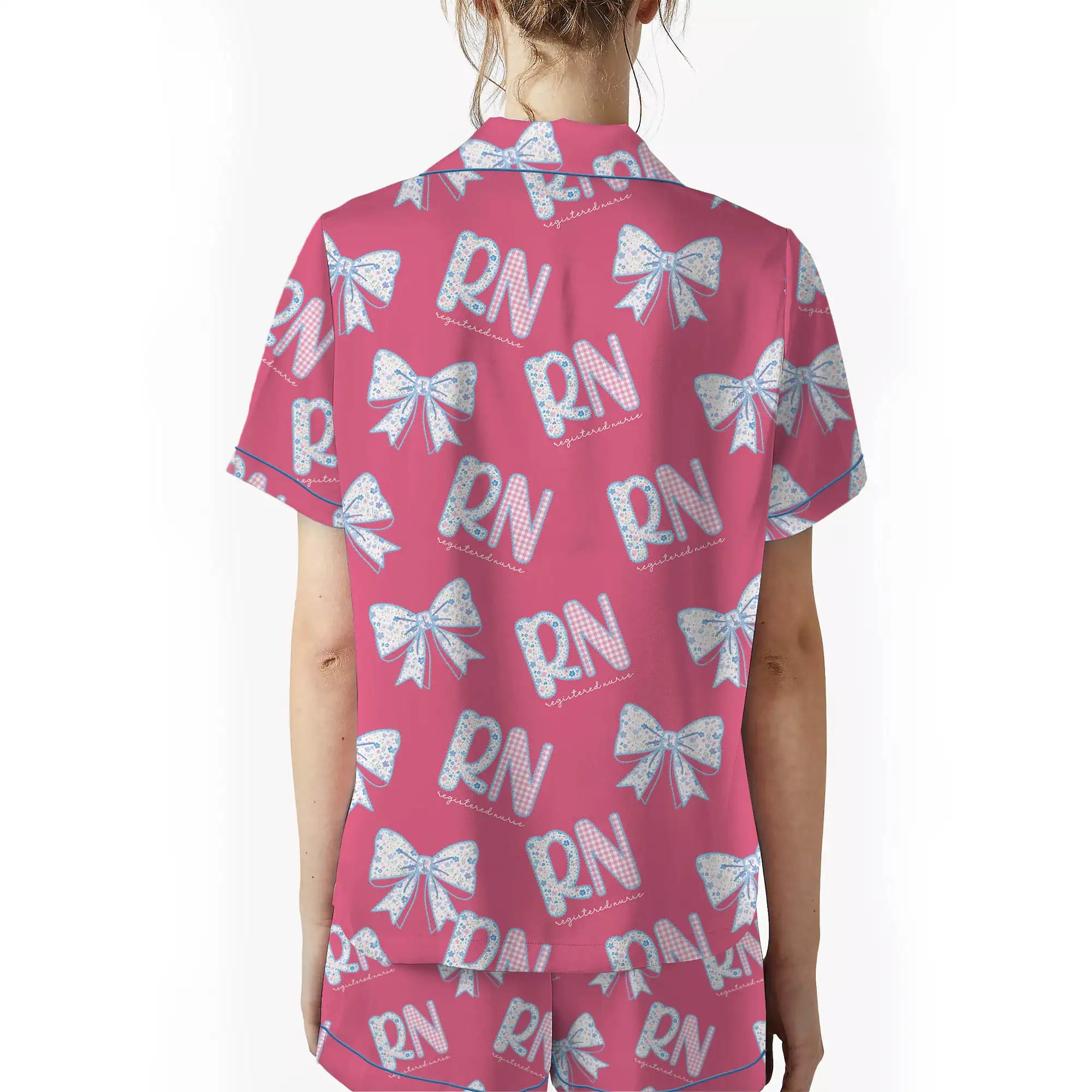 Nursehype RN Registered Nurse Hot Pink Floral Bow Satin Pajama Set