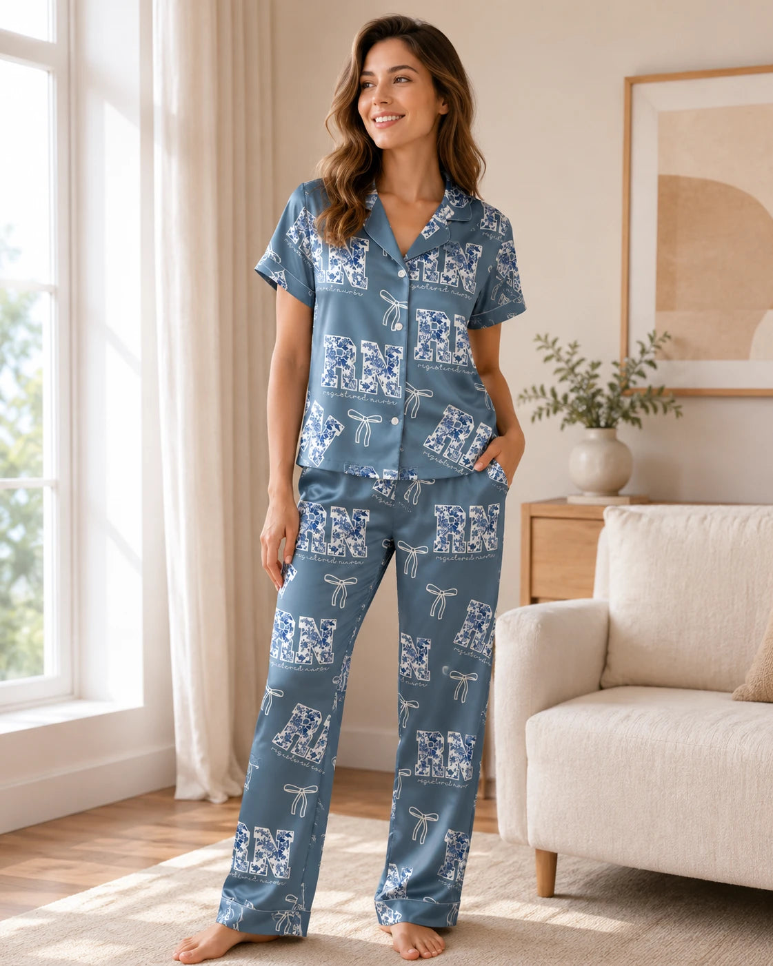 RN Registered Nurse Floral Satin Pajama Set