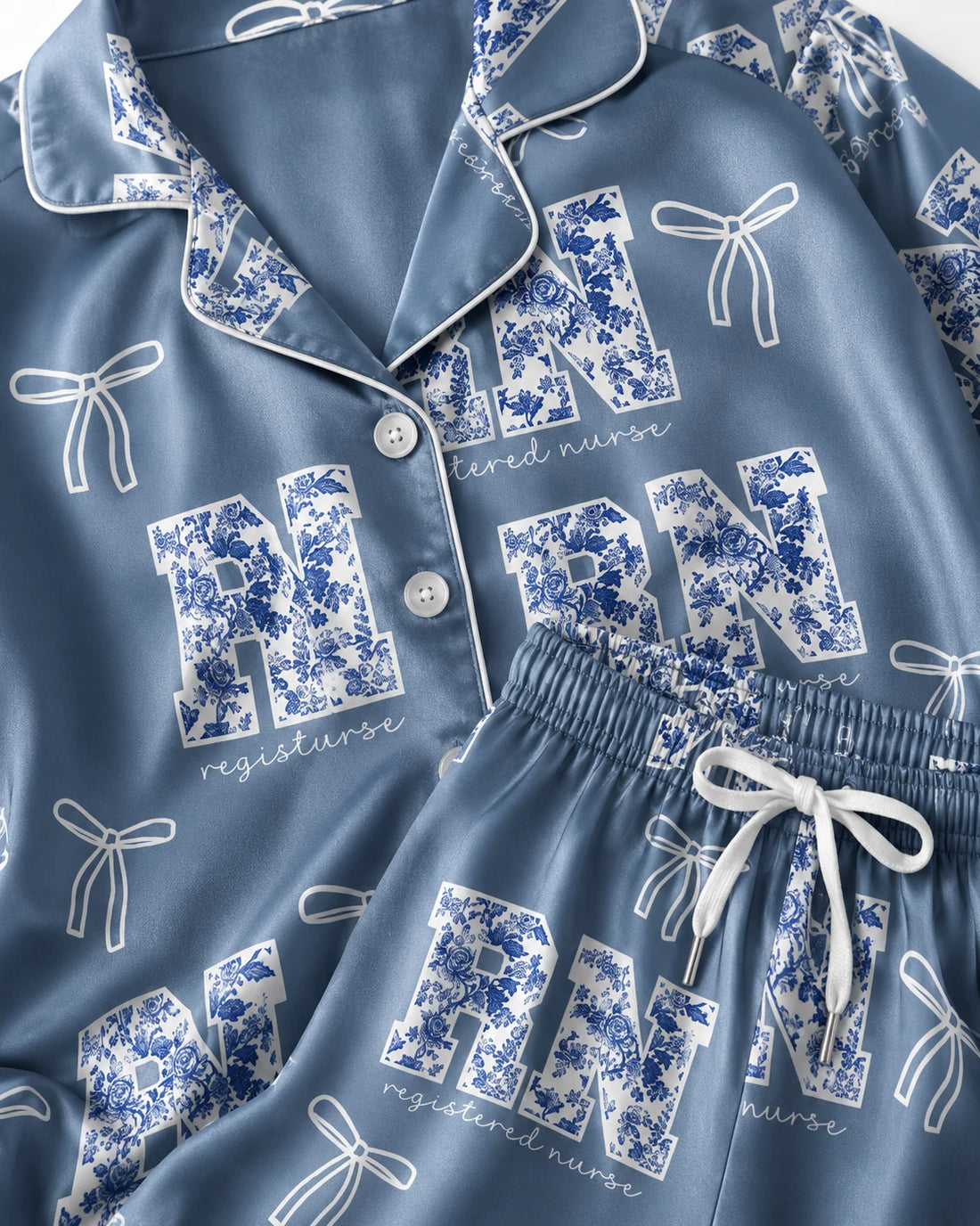 RN Registered Nurse Floral Satin Pajama Set