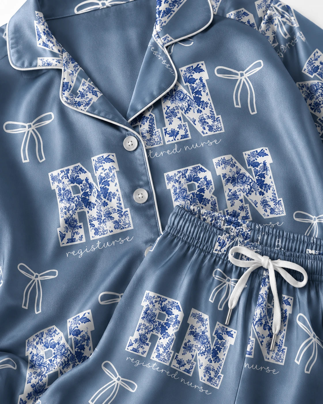 RN Registered Nurse Floral Satin Pajama Set