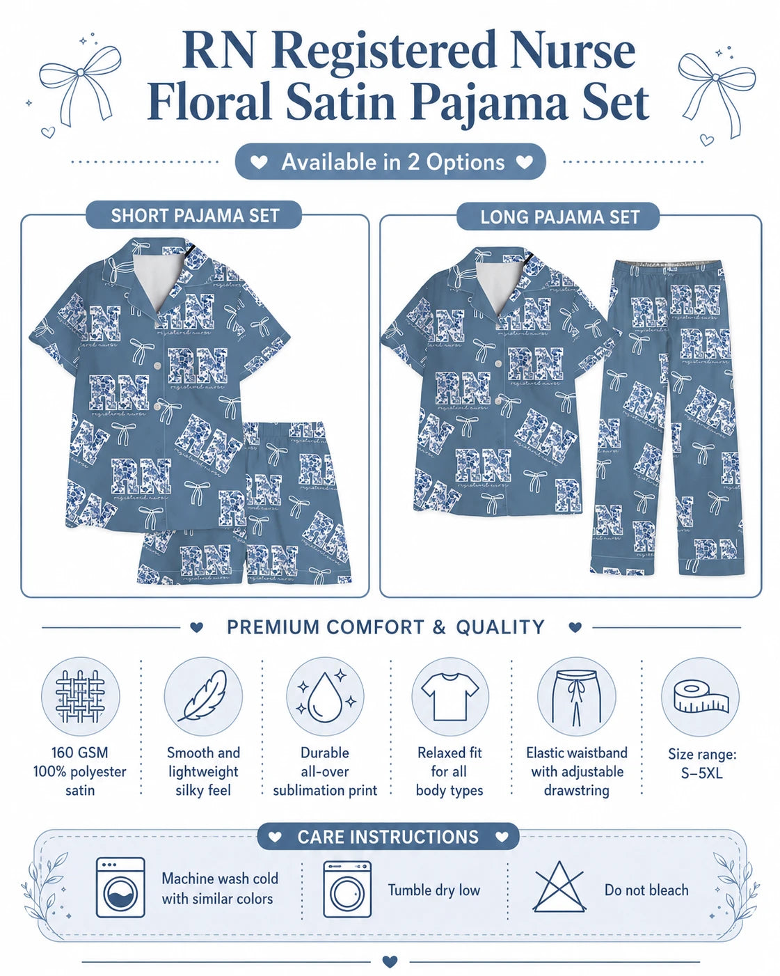 RN Registered Nurse Floral Satin Pajama Set