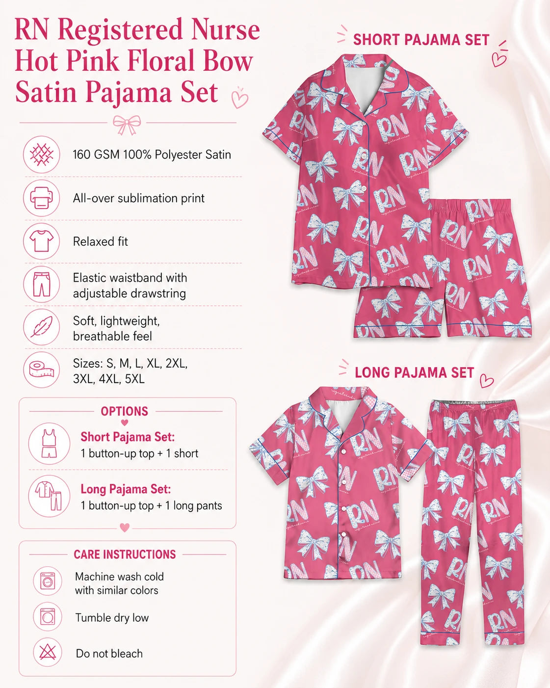 RN Registered Nurse Hot Pink Floral Bow Satin Pajama Set