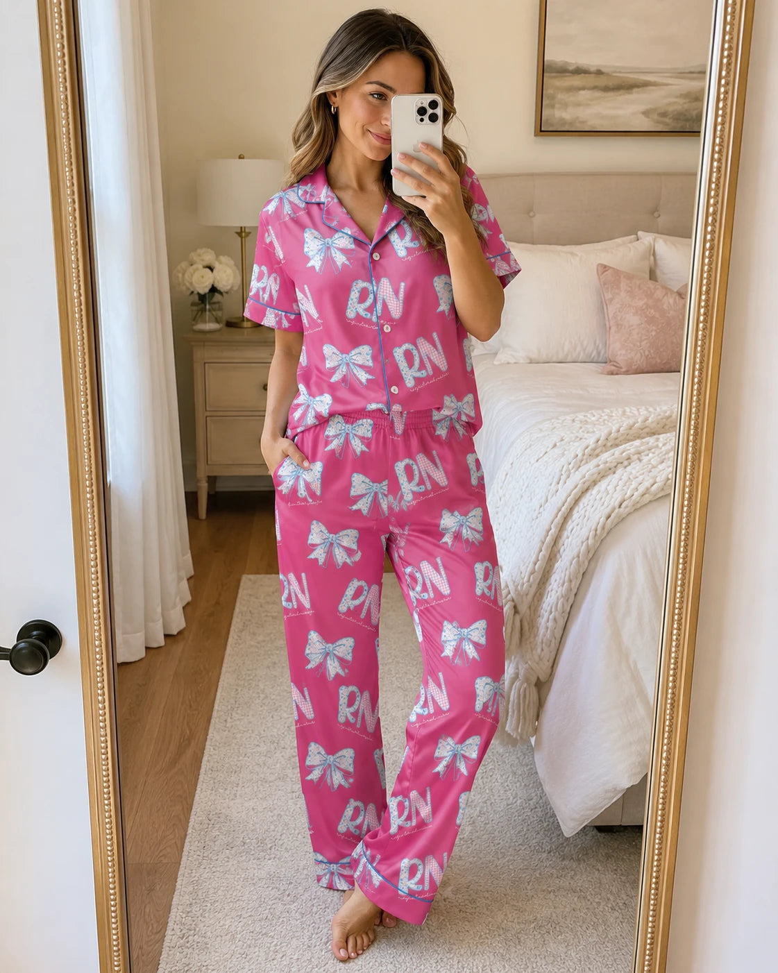 RN Registered Nurse Hot Pink Floral Bow Satin Pajama Set