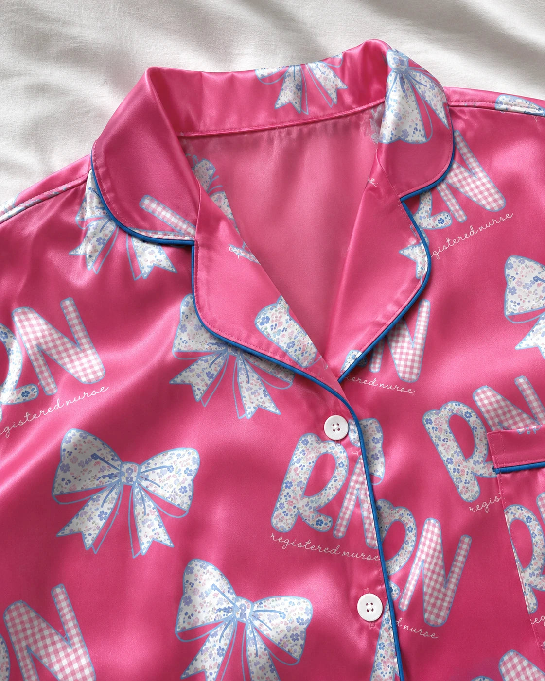 RN Registered Nurse Hot Pink Floral Bow Satin Pajama Set