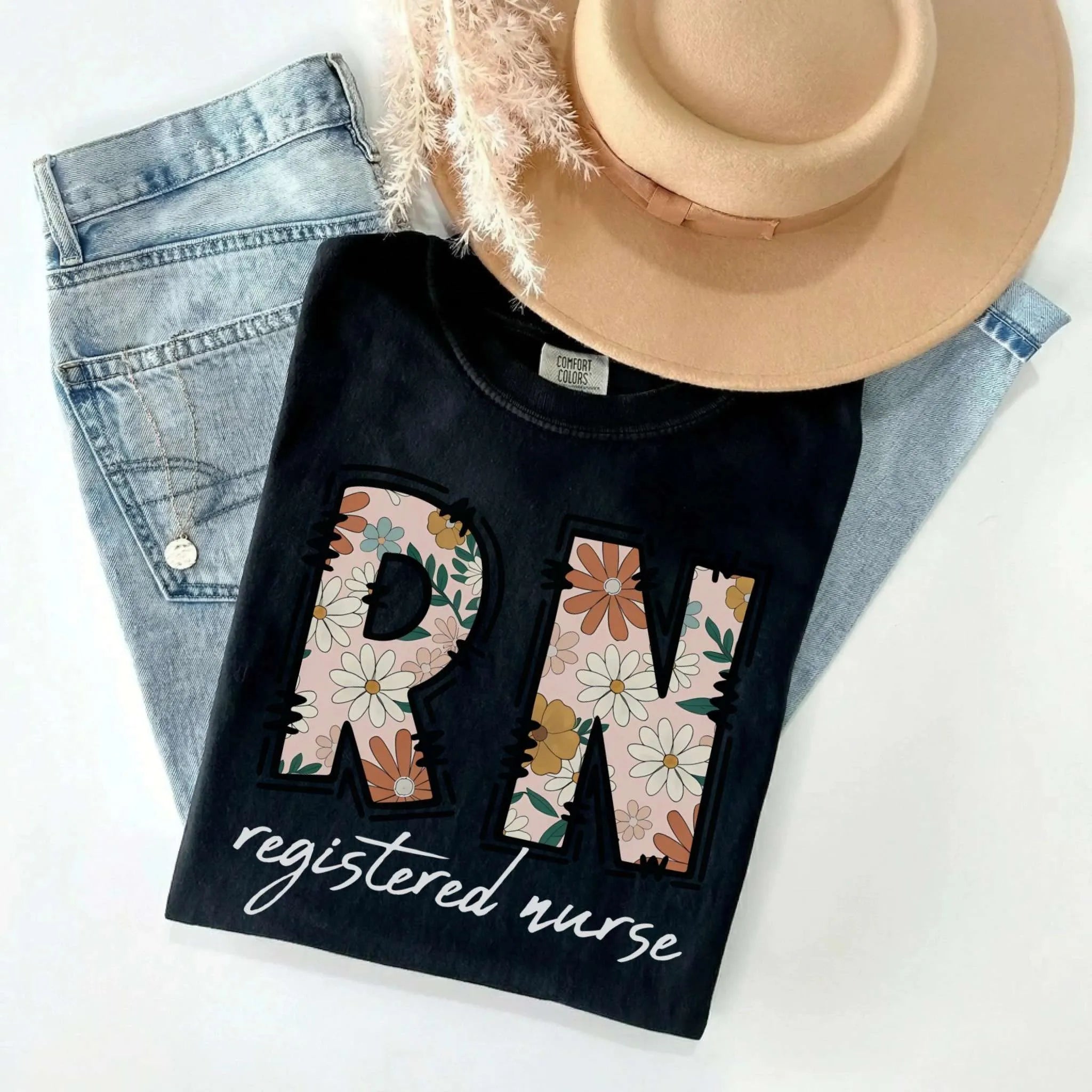 RN Registered Nurse Retro Floral Comfort Colors Tee